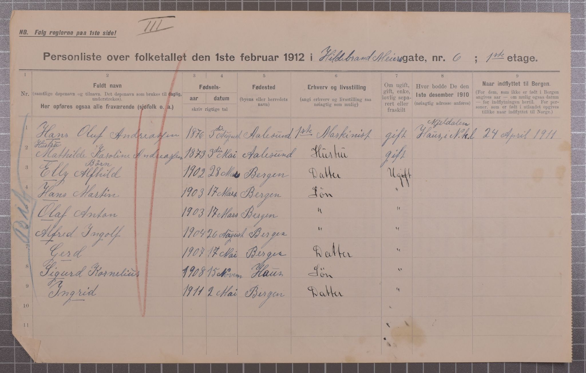 SAB, Municipal Census 1912 for Bergen, 1912, p. 3078