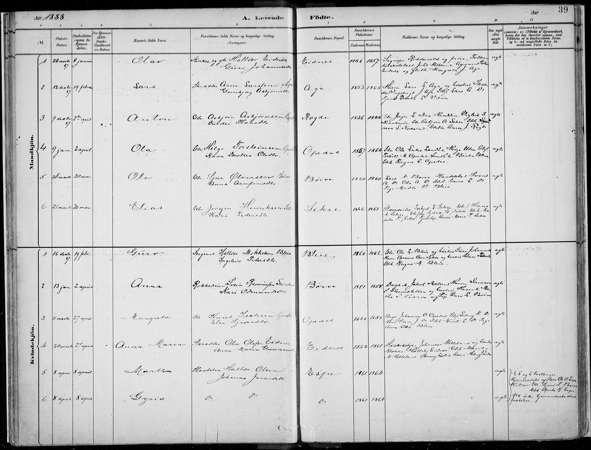 Ullensvang sokneprestembete, SAB/A-78701/H/Haa: Parish register (official) no. B  1, 1882-1918, p. 39