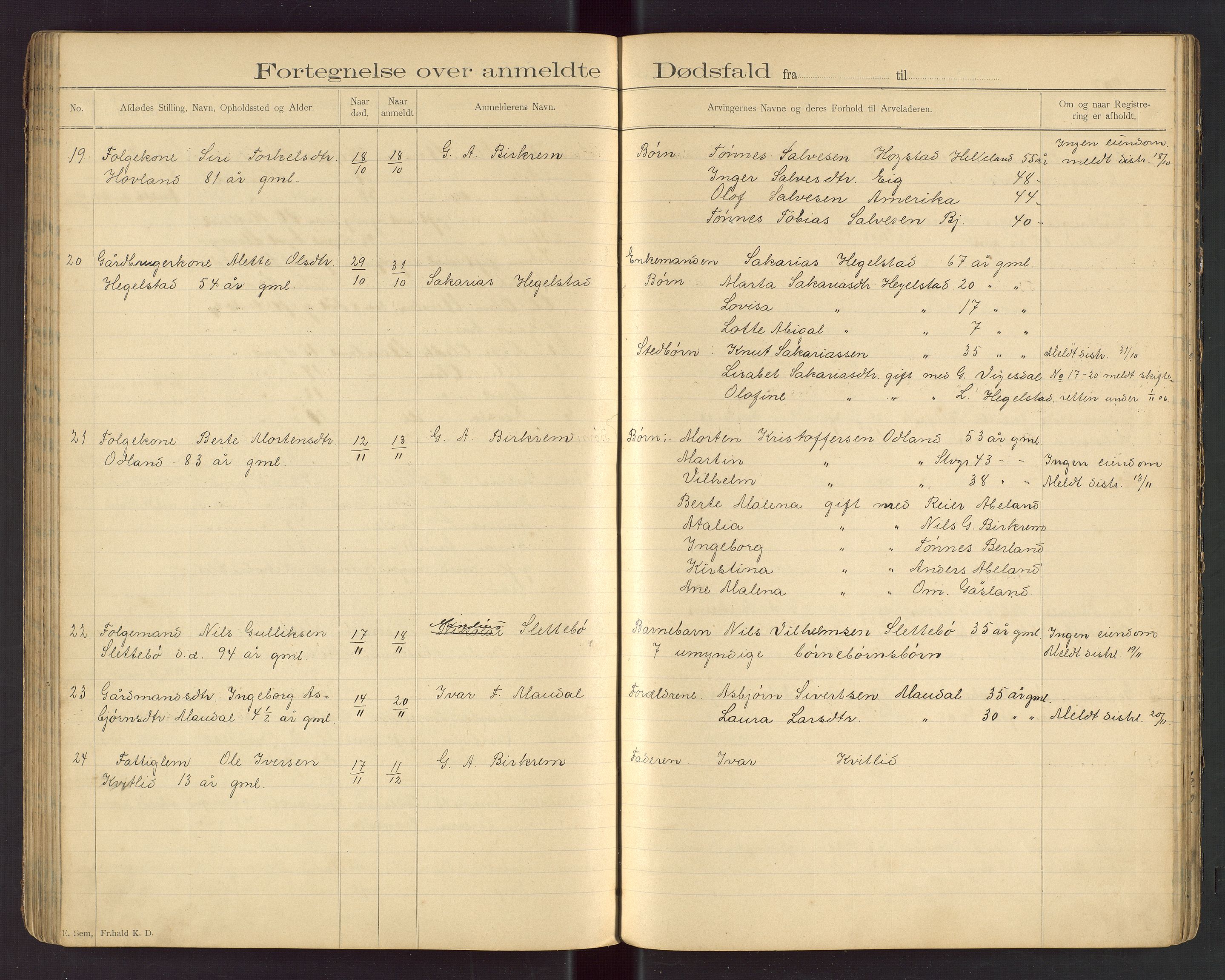 Bjerkreim lensmannskontor, AV/SAST-A-100090/Gga/L0001: "Fortegnelse over anmeldte Dødsfald i Birkrems Lendsmandsdistrikt", 1892-1915