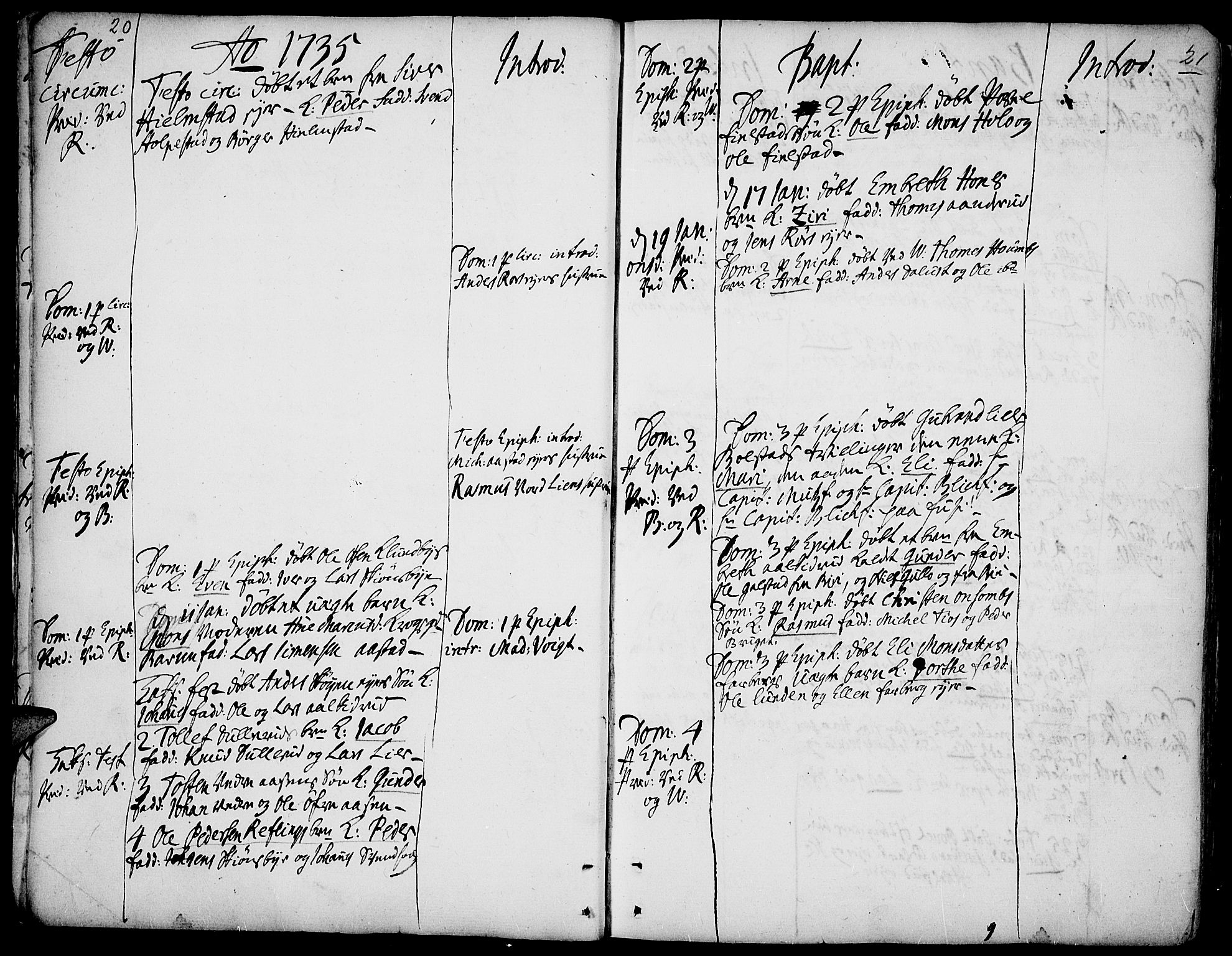 Ringsaker prestekontor, SAH/PREST-014/K/Ka/L0001: Parish register (official) no. 1, 1734-1746, p. 20-21