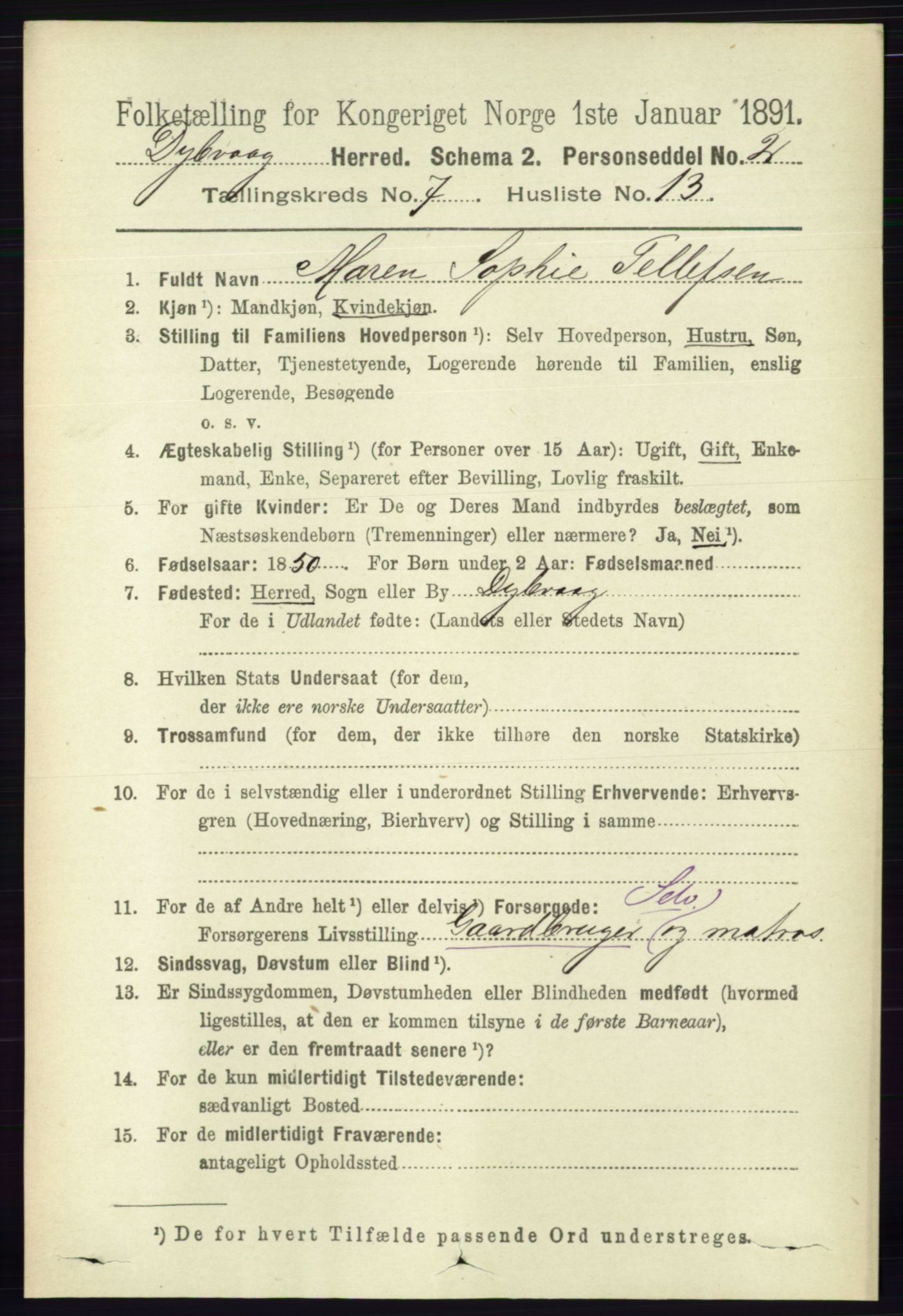 RA, 1891 census for 0915 Dypvåg, 1891, p. 2467