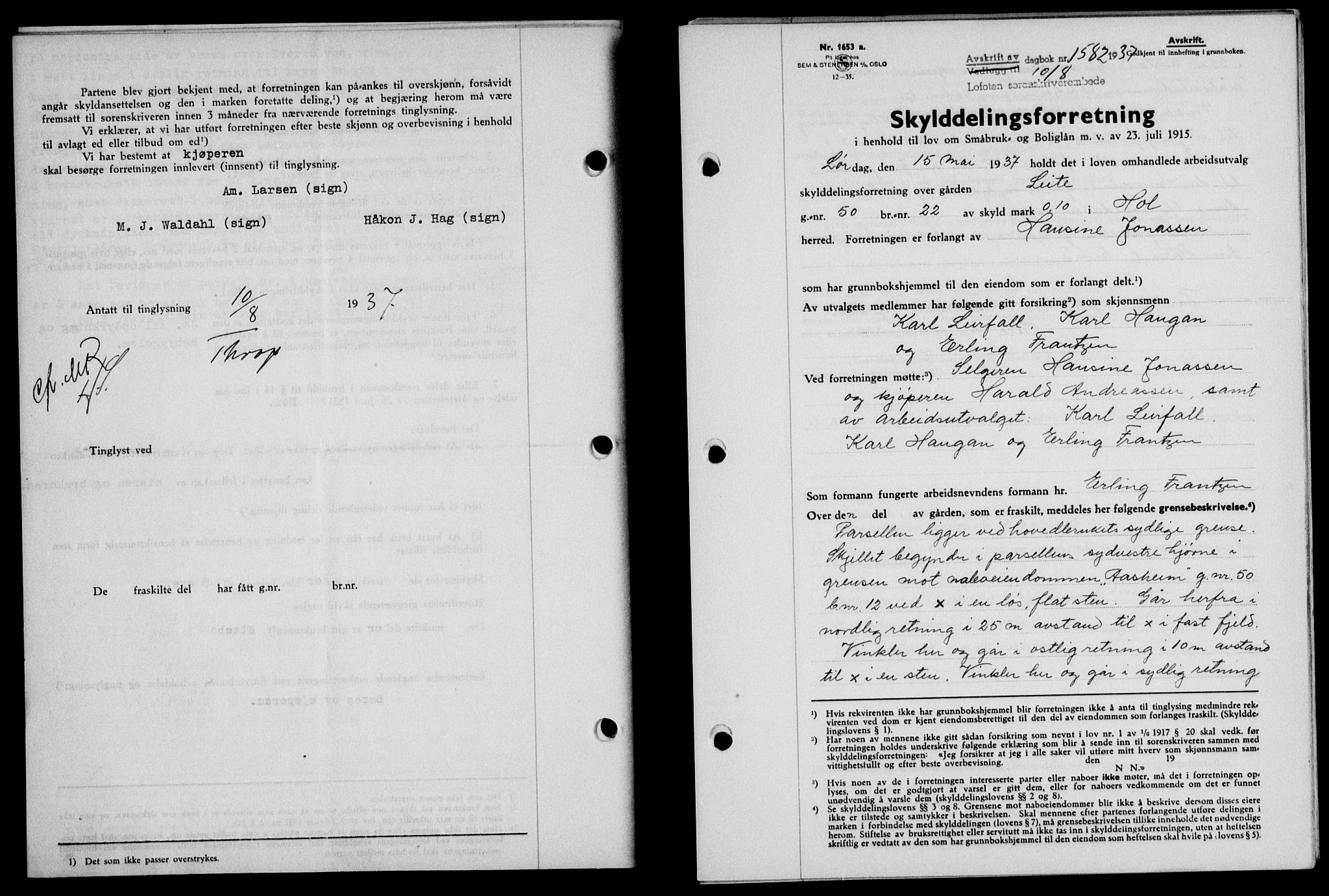 Lofoten sorenskriveri, SAT/A-0017/1/2/2C/L0002a: Mortgage book no. 2a, 1937-1937, Diary no: : 1582/1937