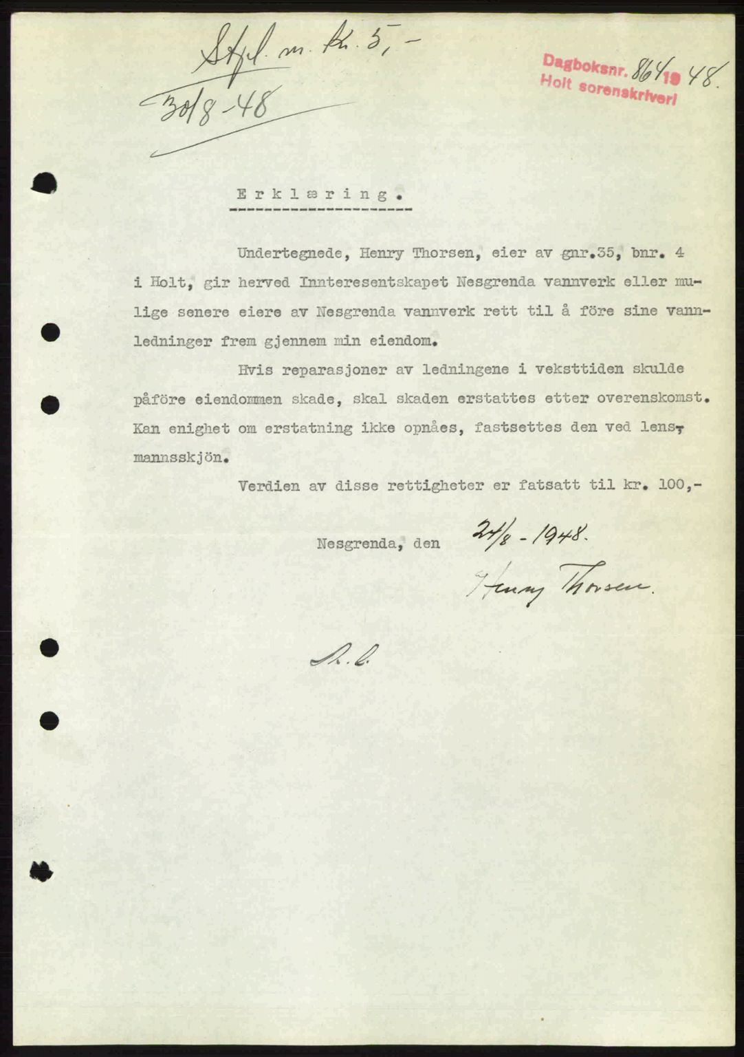 Holt sorenskriveri, AV/SAK-1221-0002/G/Gba/L0059: Mortgage book no. A7, 1948-1948, Diary no: : 864/1948