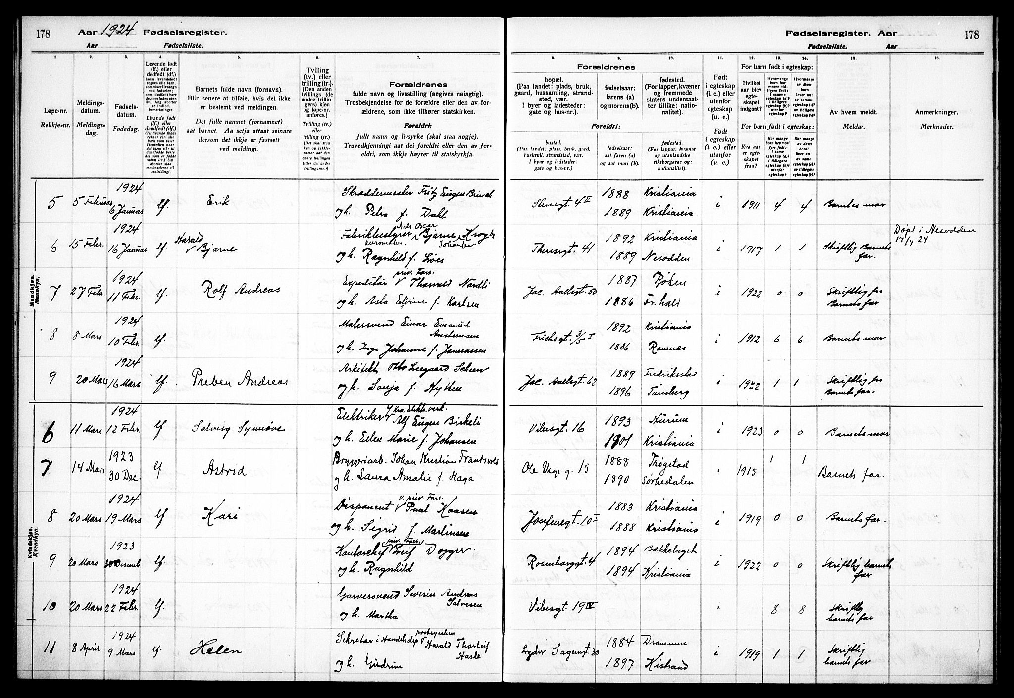 Fagerborg prestekontor Kirkebøker, AV/SAO-A-10844/J/Ja/L0001: Birth register no. 1, 1916-1925, p. 178