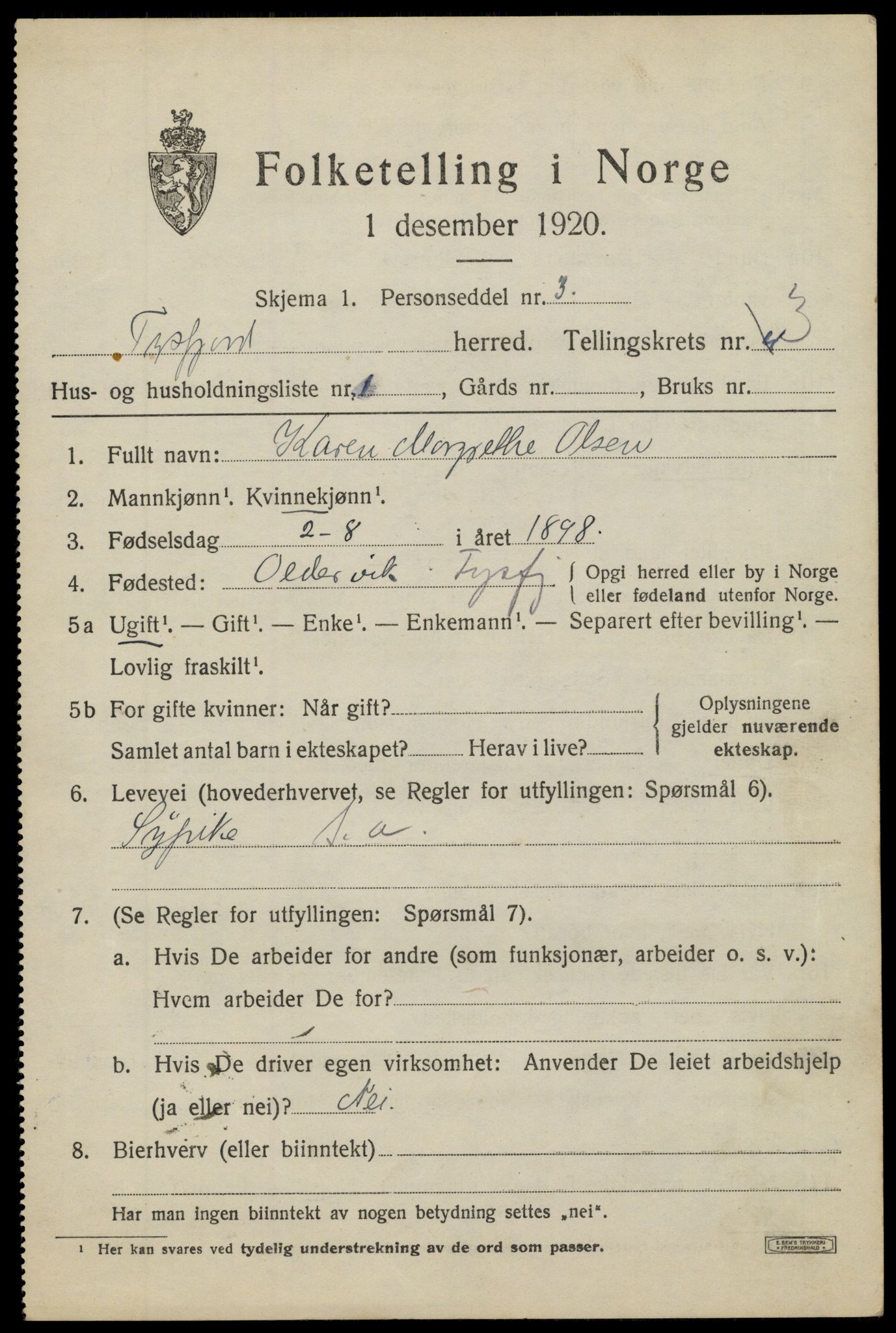 SAT, 1920 census for Tysfjord, 1920, p. 2253