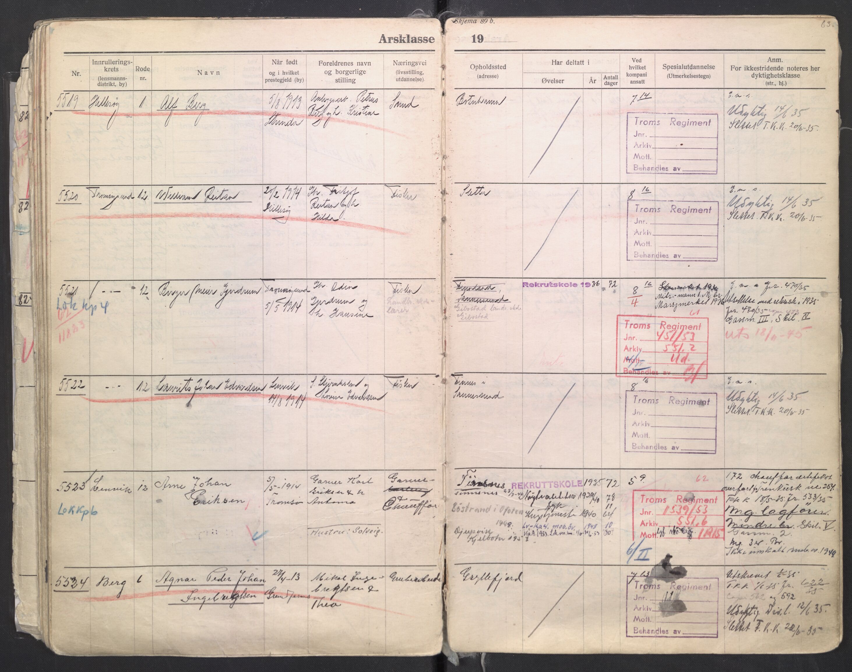 Forsvaret, Troms infanteriregiment nr. 16, AV/RA-RAFA-3146/P/Pa/L0006/0008: Ruller / Rulle for regimentets menige mannskaper, årsklasse 1935, 1935, p. 63