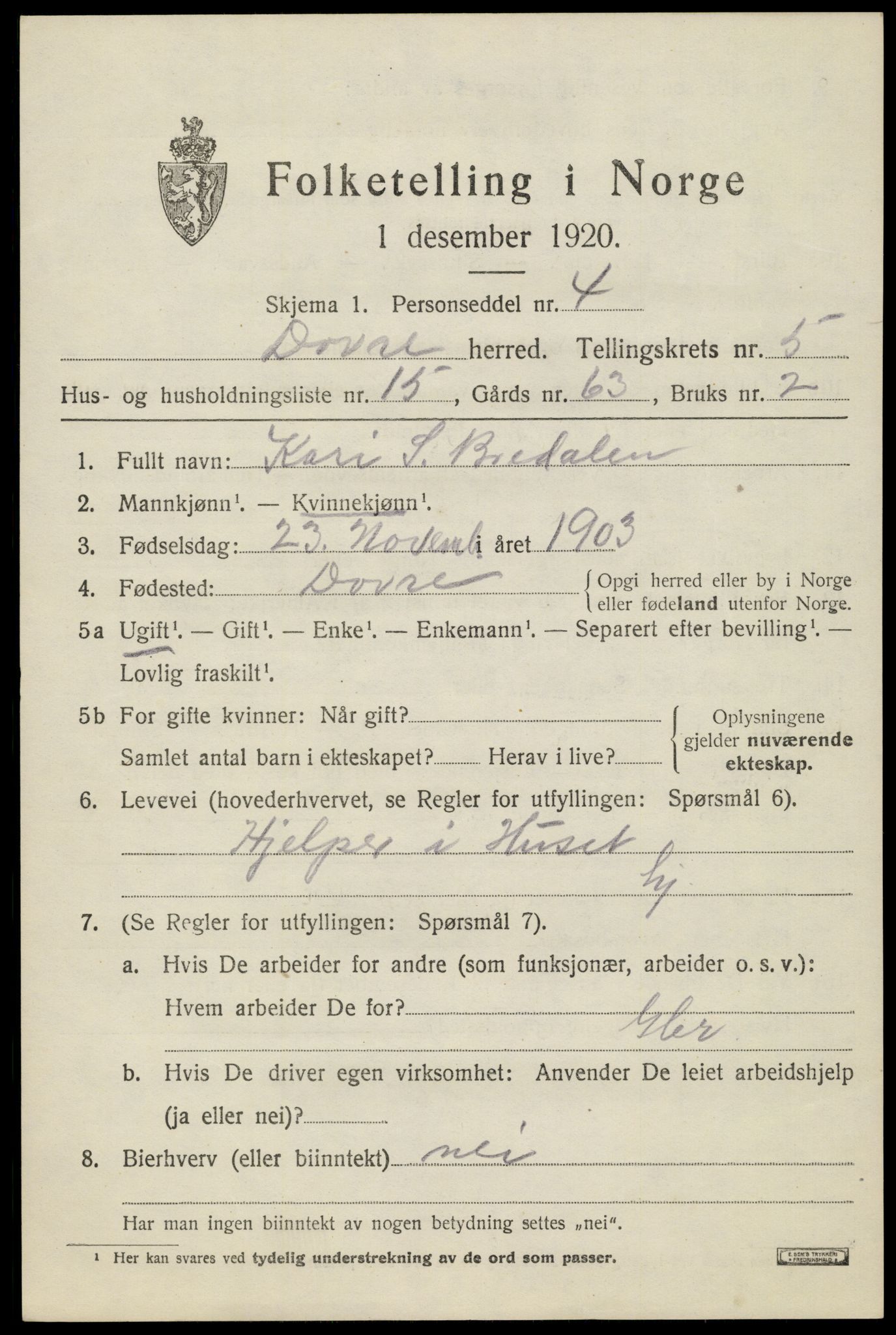 SAH, 1920 census for Dovre, 1920, p. 5394