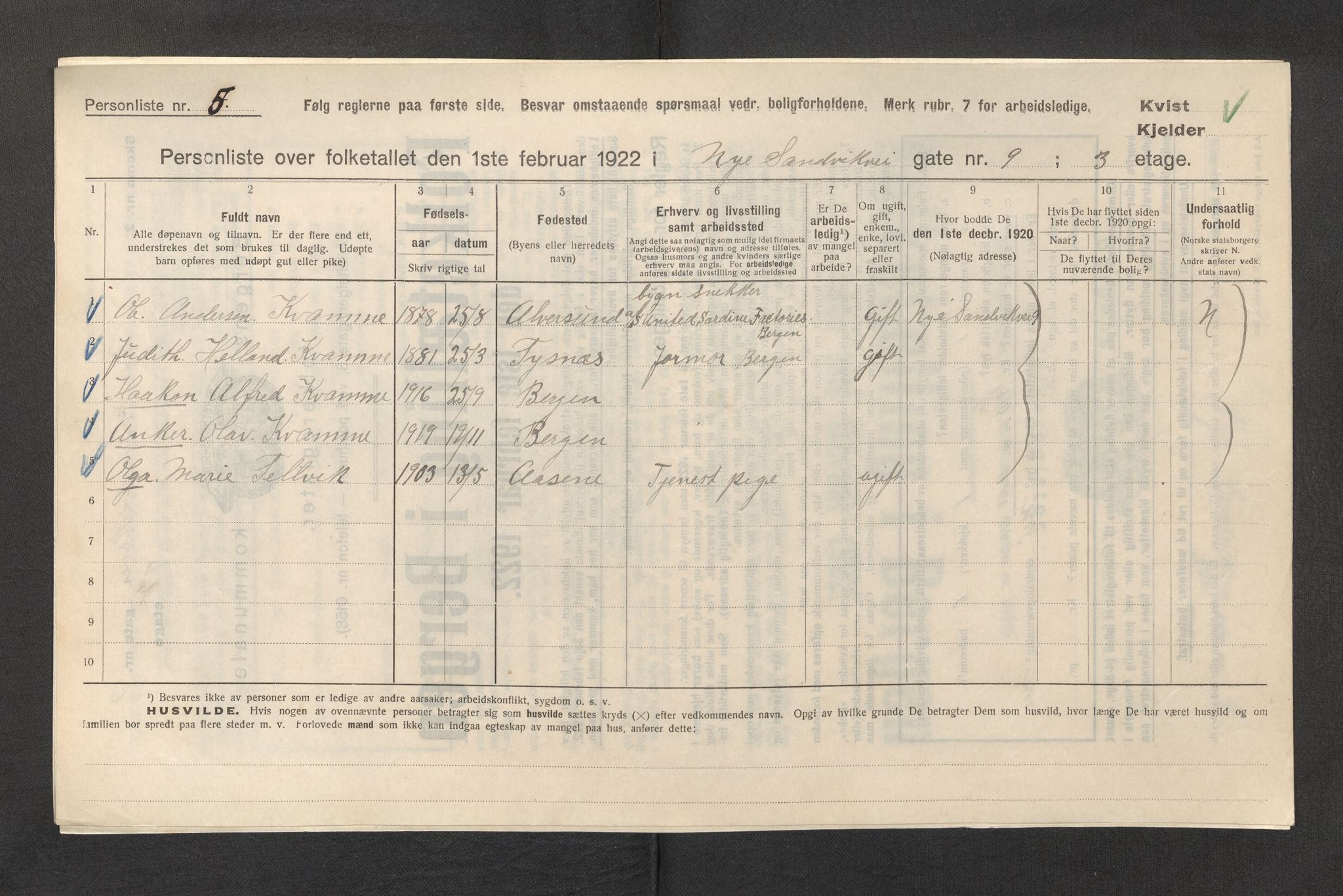 SAB, Municipal Census 1922 for Bergen, 1922, p. 34644