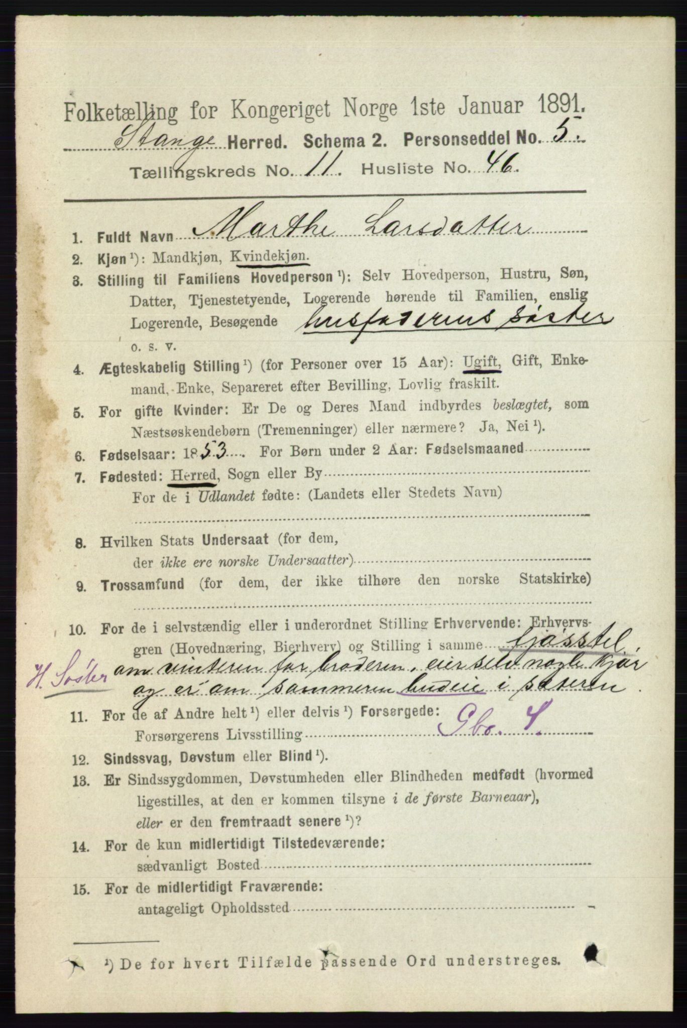 RA, 1891 census for 0417 Stange, 1891, p. 7743