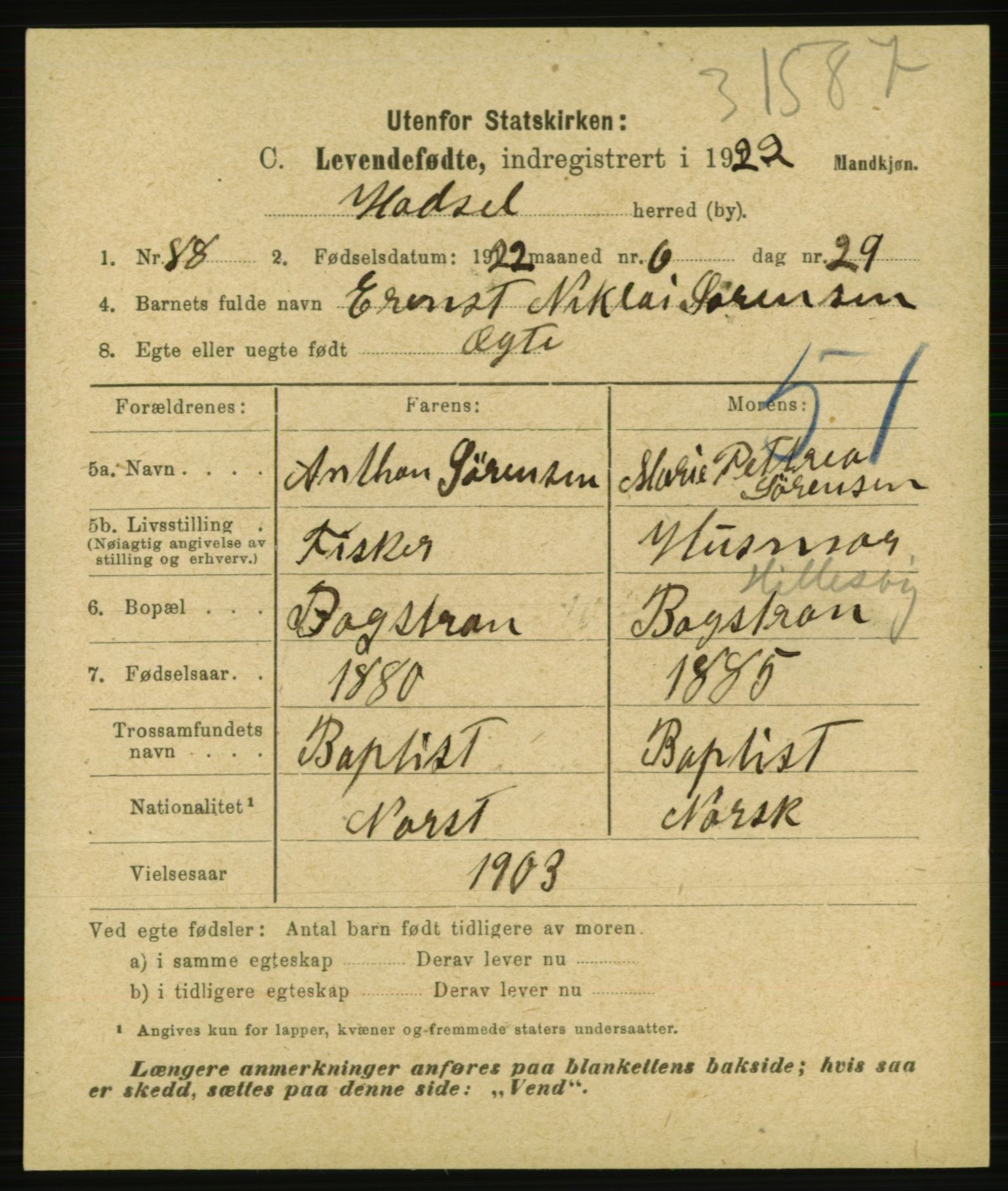 Statistisk sentralbyrå, Sosiodemografiske emner, Befolkning, AV/RA-S-2228/E/L0020: Fødte, gifte, døde dissentere., 1922, p. 1731