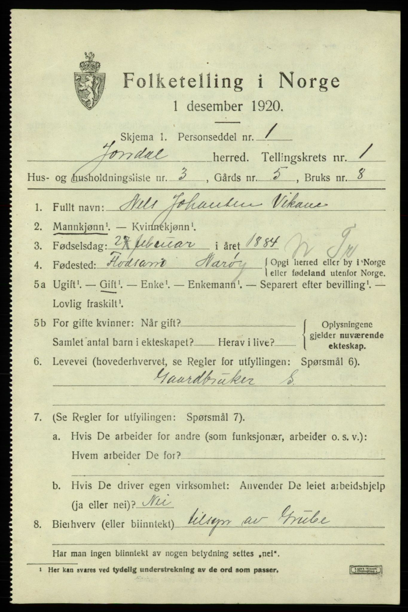 SAB, 1920 census for Jondal, 1920, p. 854