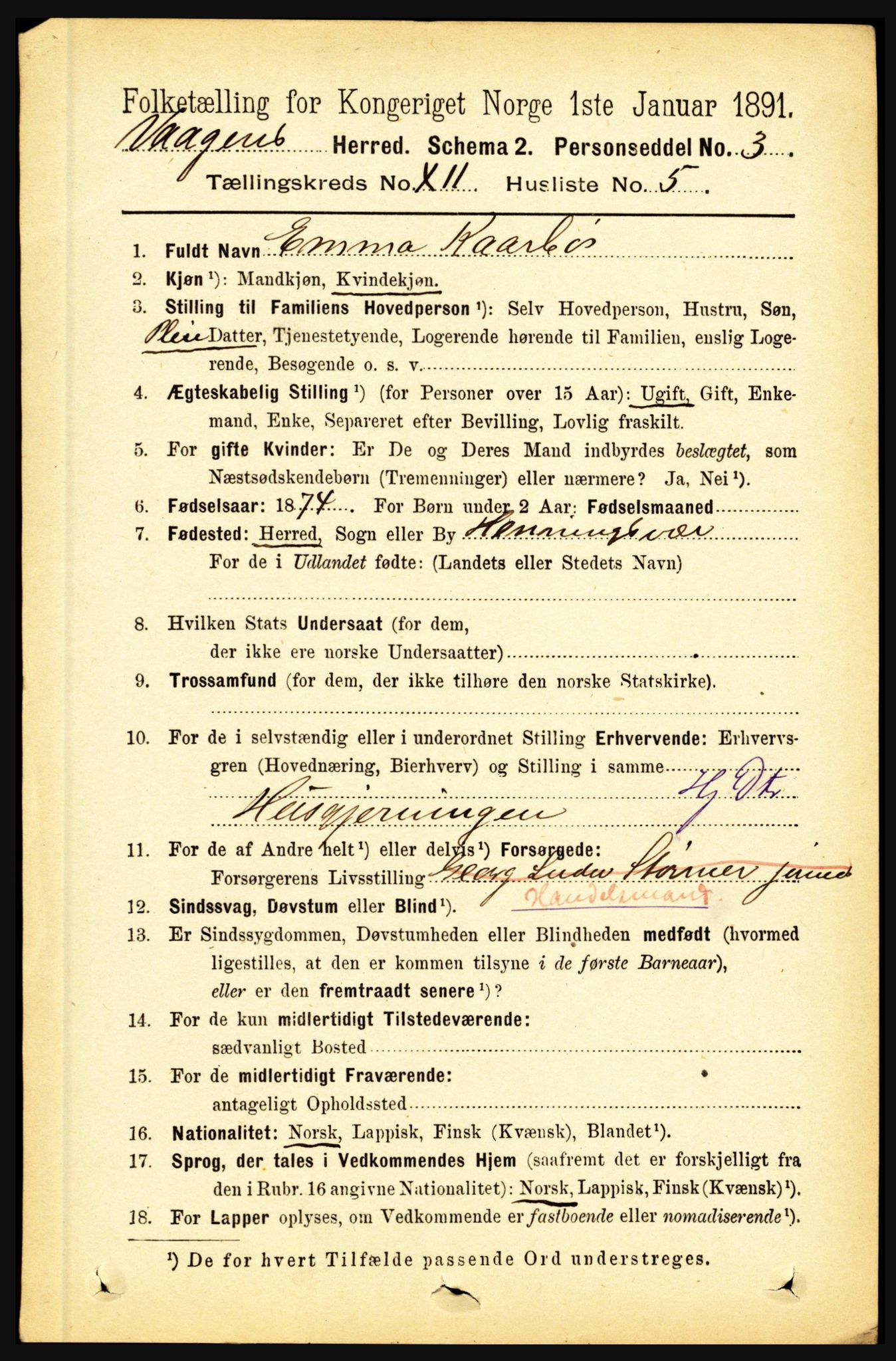RA, 1891 census for 1865 Vågan, 1891, p. 2921