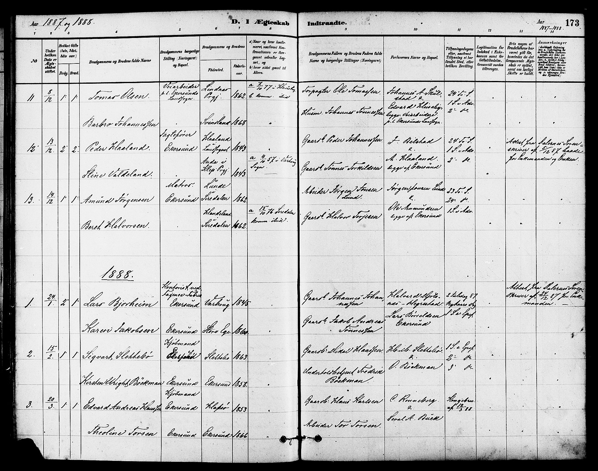 Eigersund sokneprestkontor, AV/SAST-A-101807/S08/L0015: Parish register (official) no. A 15, 1879-1892, p. 173