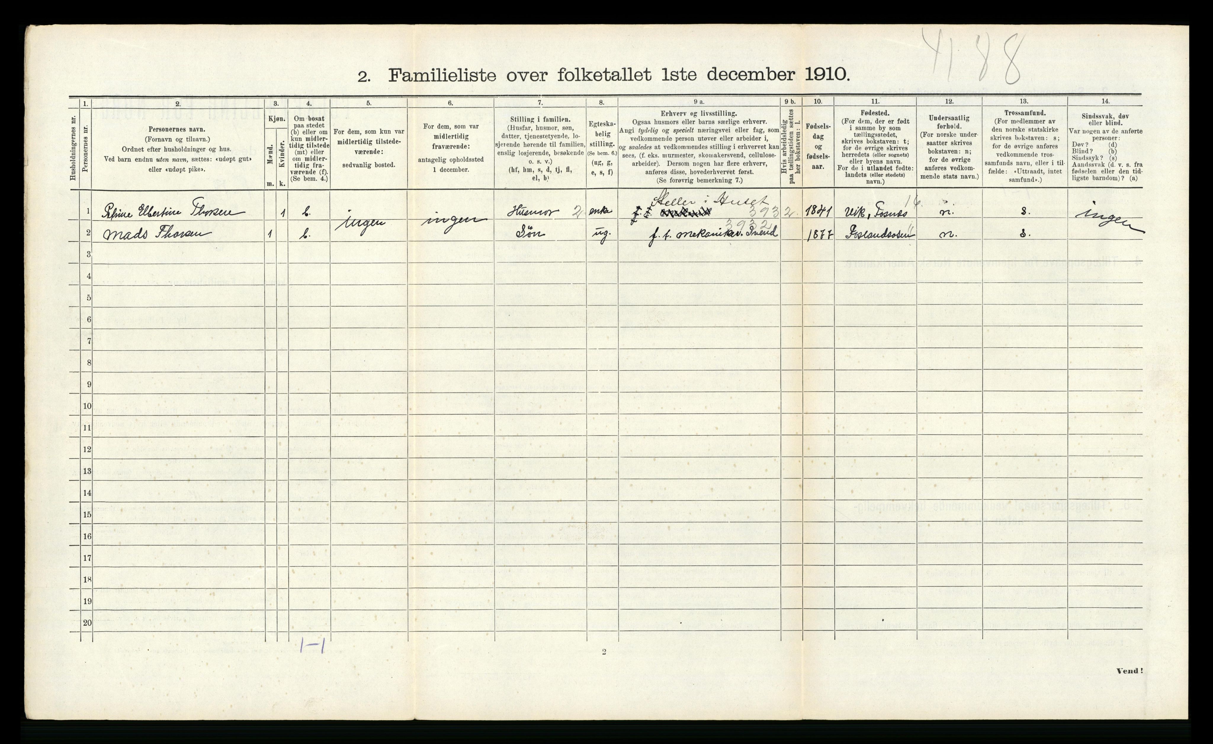 RA, 1910 census for Namsos, 1910, p. 1309