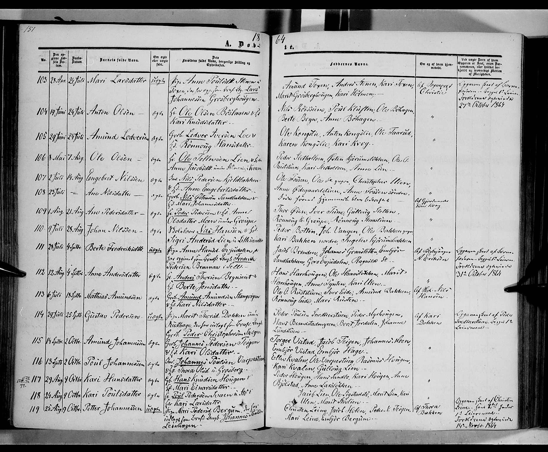 Nord-Fron prestekontor, SAH/PREST-080/H/Ha/Haa/L0001: Parish register (official) no. 1, 1851-1864, p. 151