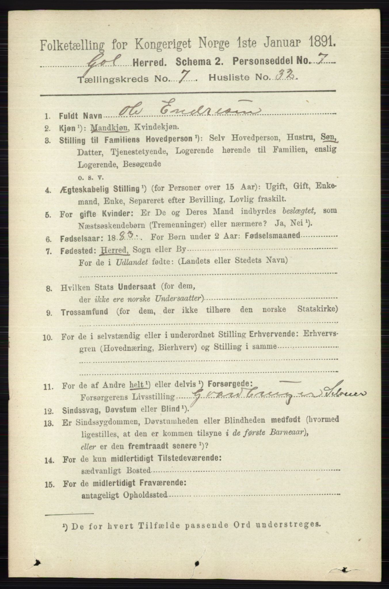 RA, 1891 census for 0617 Gol og Hemsedal, 1891, p. 2977