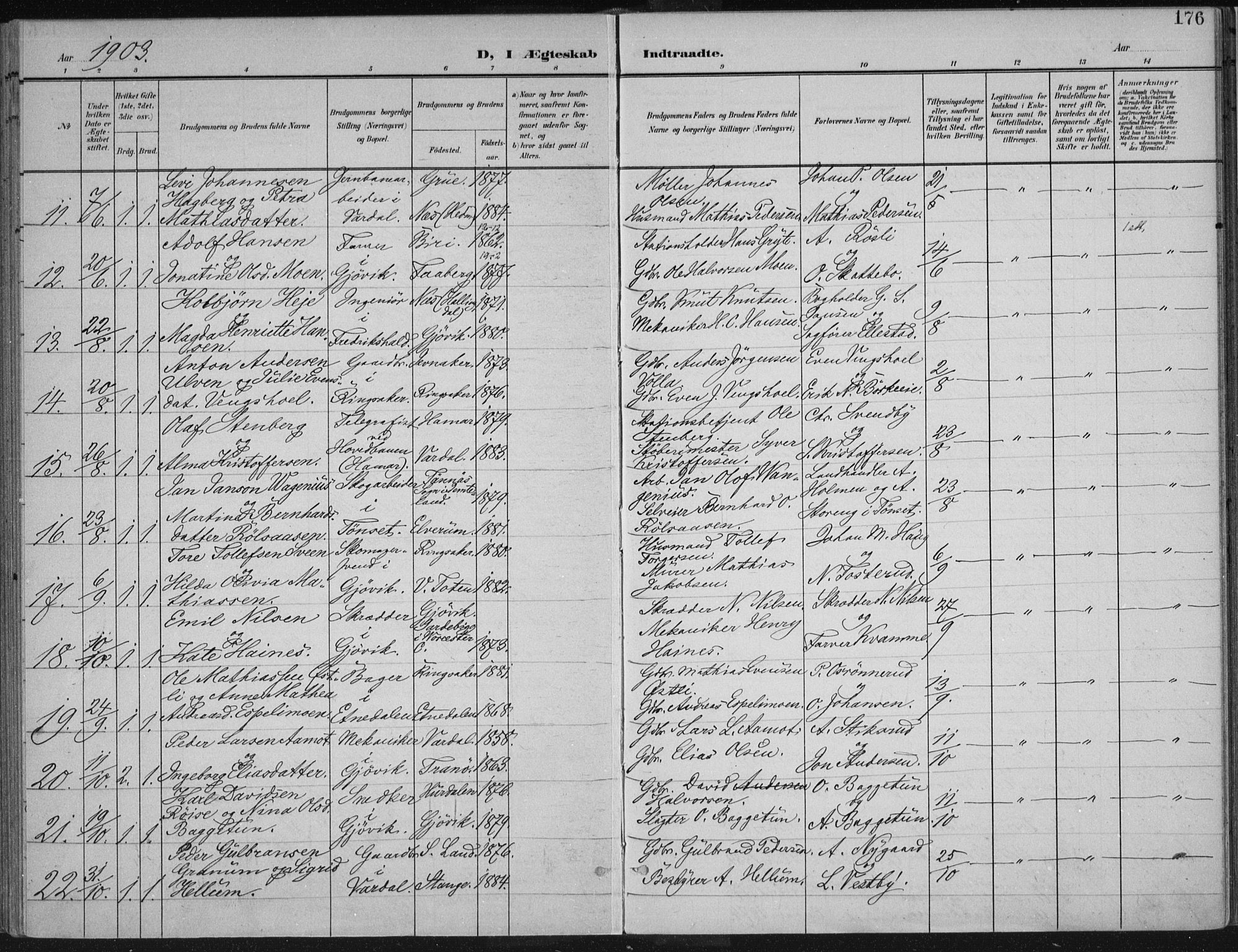 Vardal prestekontor, SAH/PREST-100/H/Ha/Haa/L0013: Parish register (official) no. 13, 1901-1911, p. 176