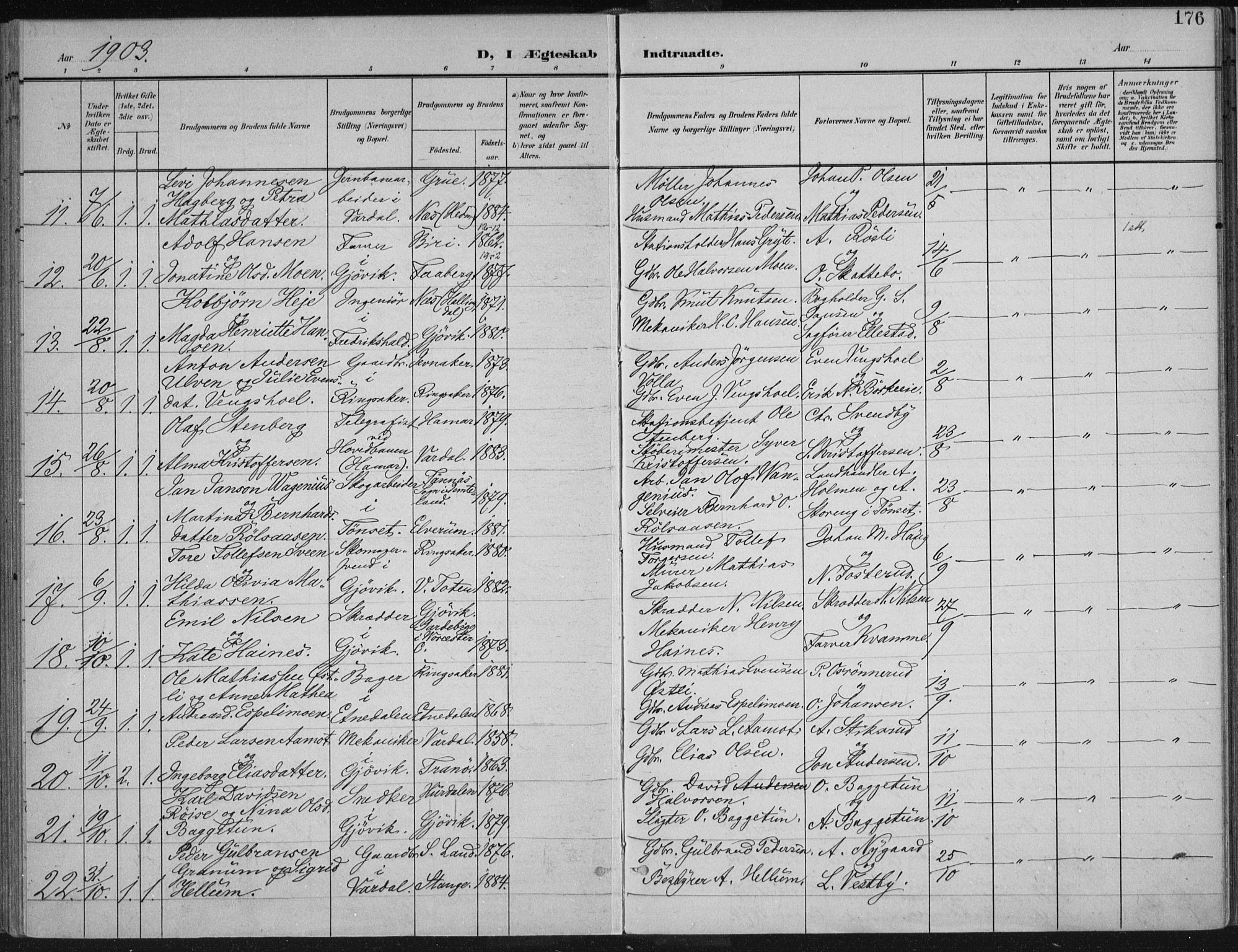 Vardal prestekontor, AV/SAH-PREST-100/H/Ha/Haa/L0013: Parish register (official) no. 13, 1901-1911, p. 176