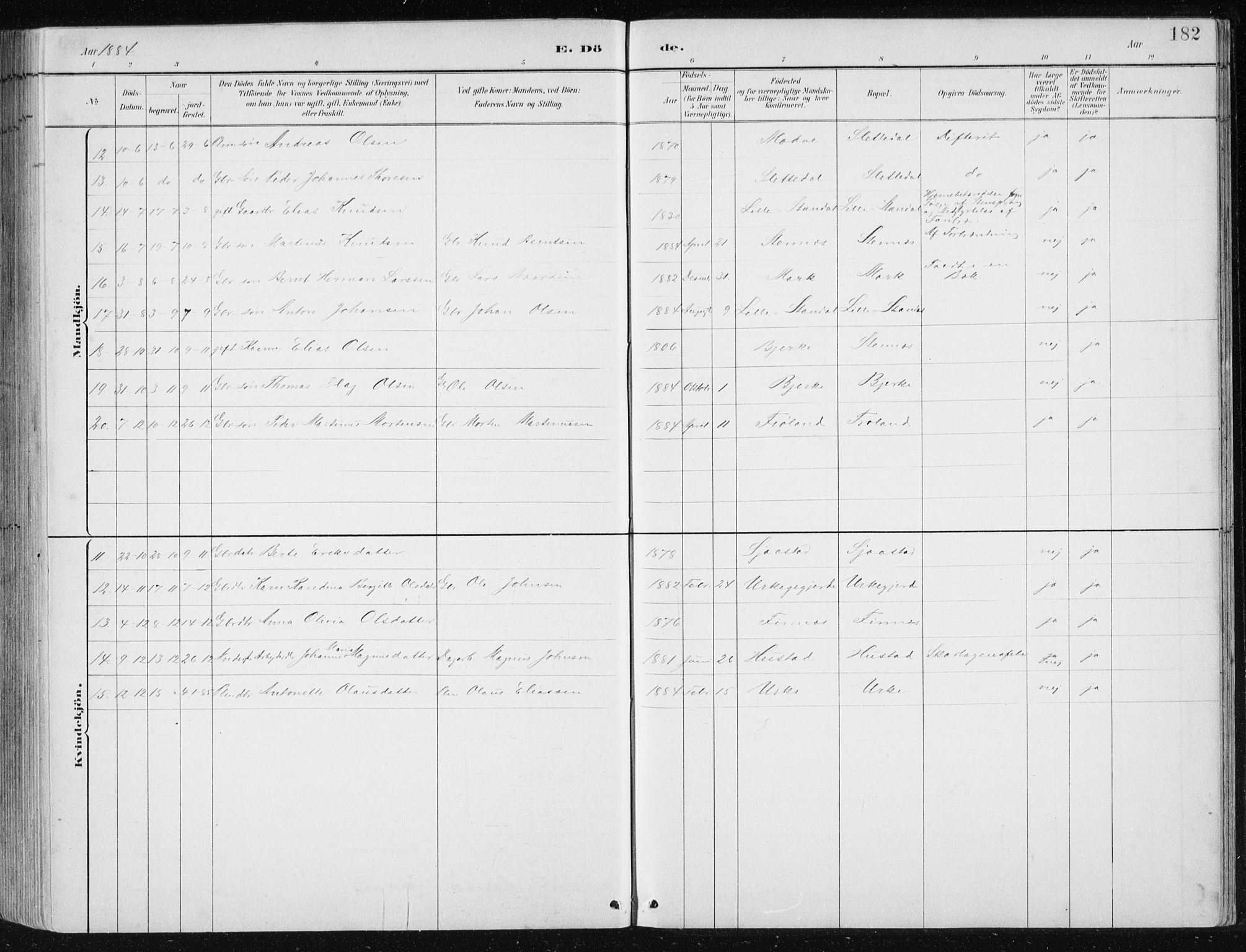 Ministerialprotokoller, klokkerbøker og fødselsregistre - Møre og Romsdal, SAT/A-1454/515/L0215: Parish register (copy) no. 515C02, 1884-1906, p. 182