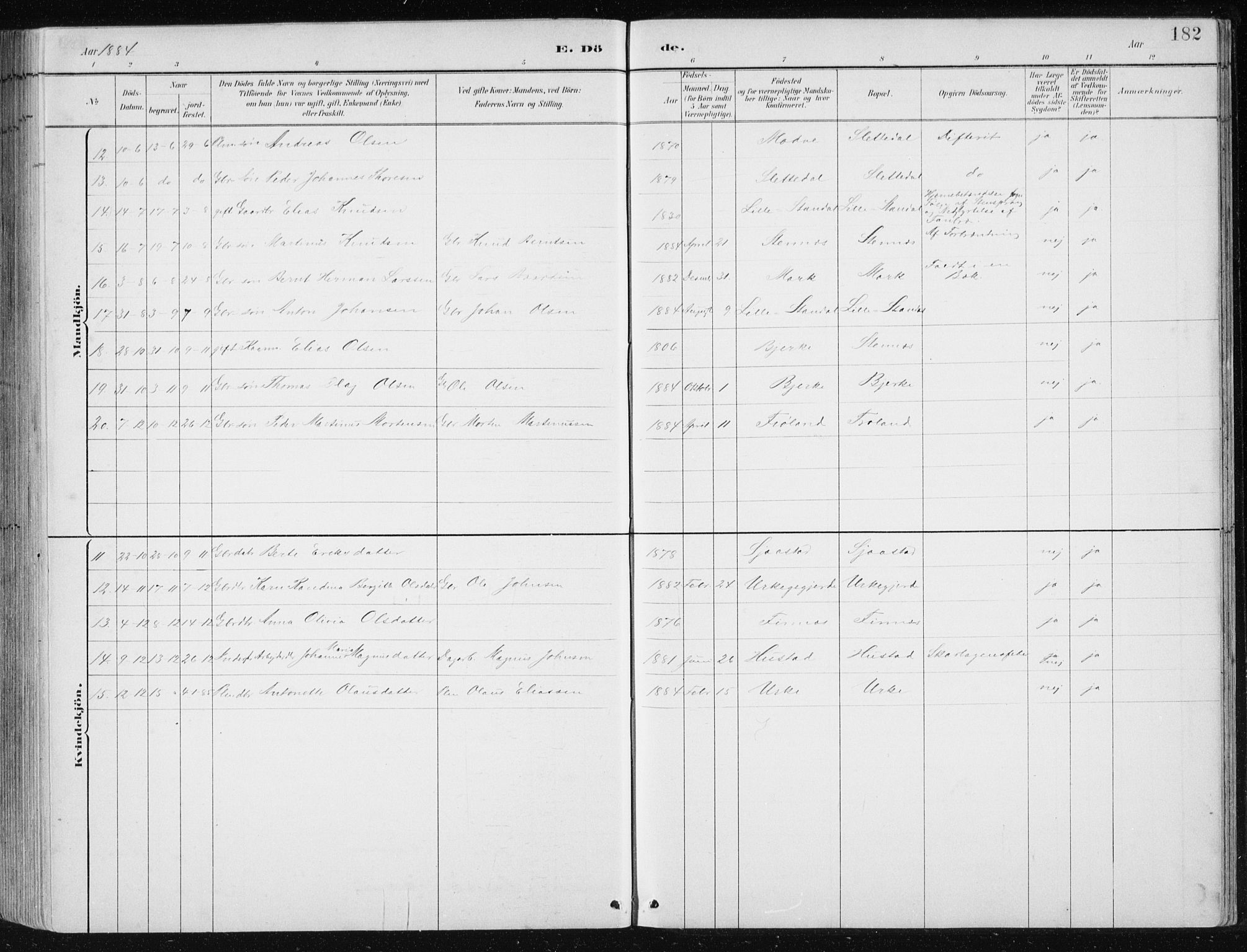 Ministerialprotokoller, klokkerbøker og fødselsregistre - Møre og Romsdal, AV/SAT-A-1454/515/L0215: Parish register (copy) no. 515C02, 1884-1906, p. 182