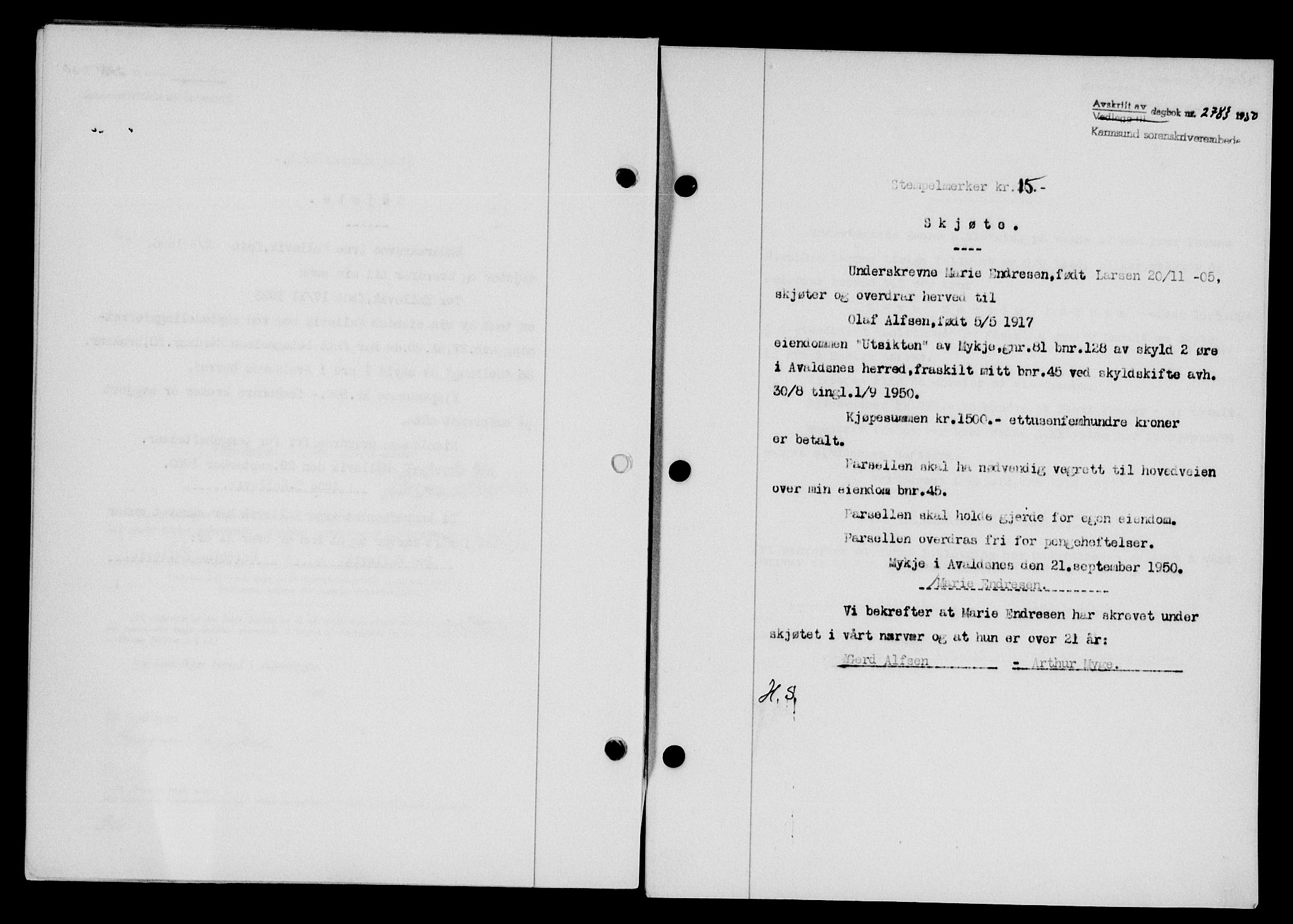 Karmsund sorenskriveri, SAST/A-100311/01/II/IIB/L0101: Mortgage book no. 81A, 1950-1951, Diary no: : 2783/1950