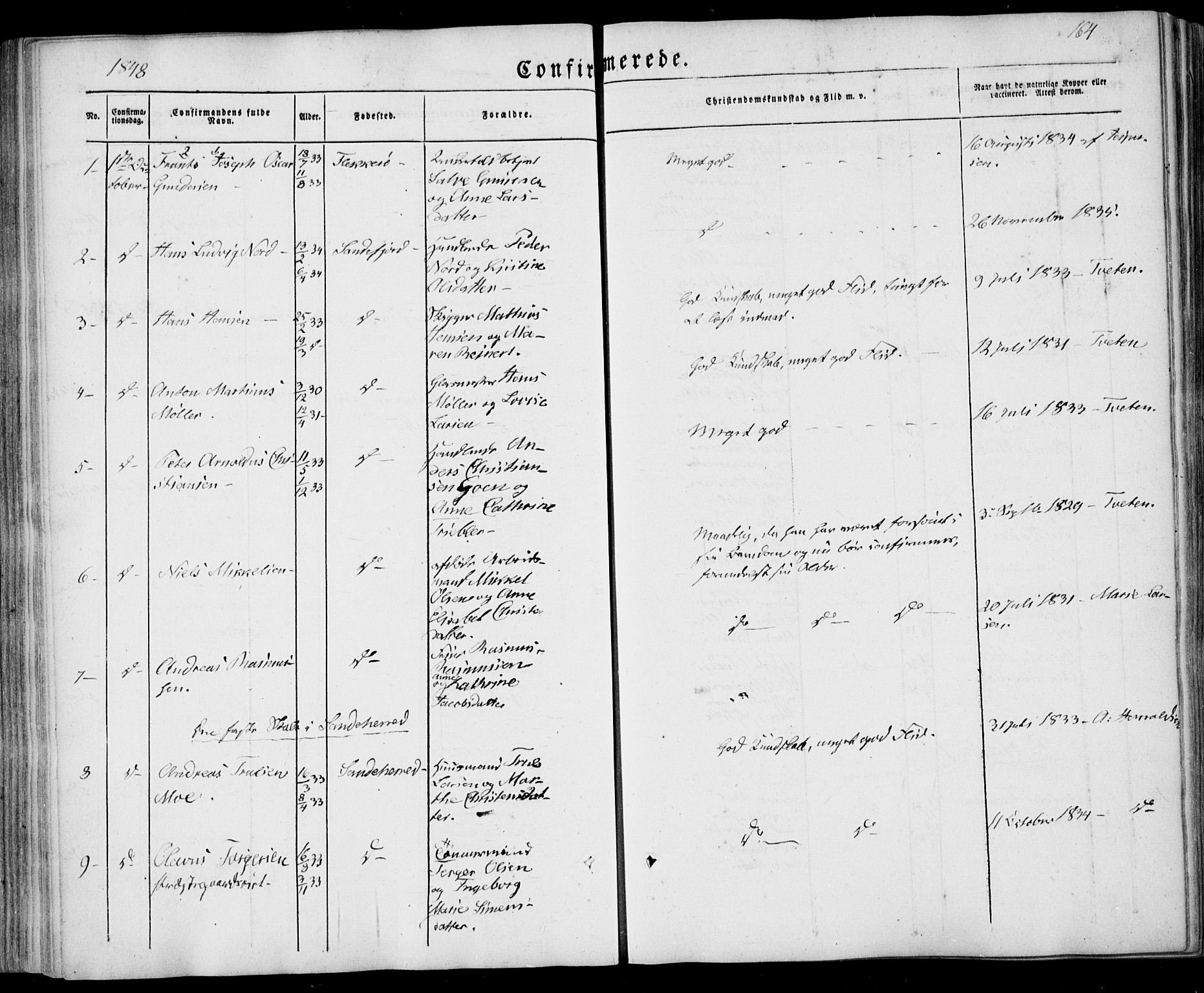 Sandar kirkebøker, SAKO/A-243/F/Fa/L0006: Parish register (official) no. 6, 1847-1860, p. 164