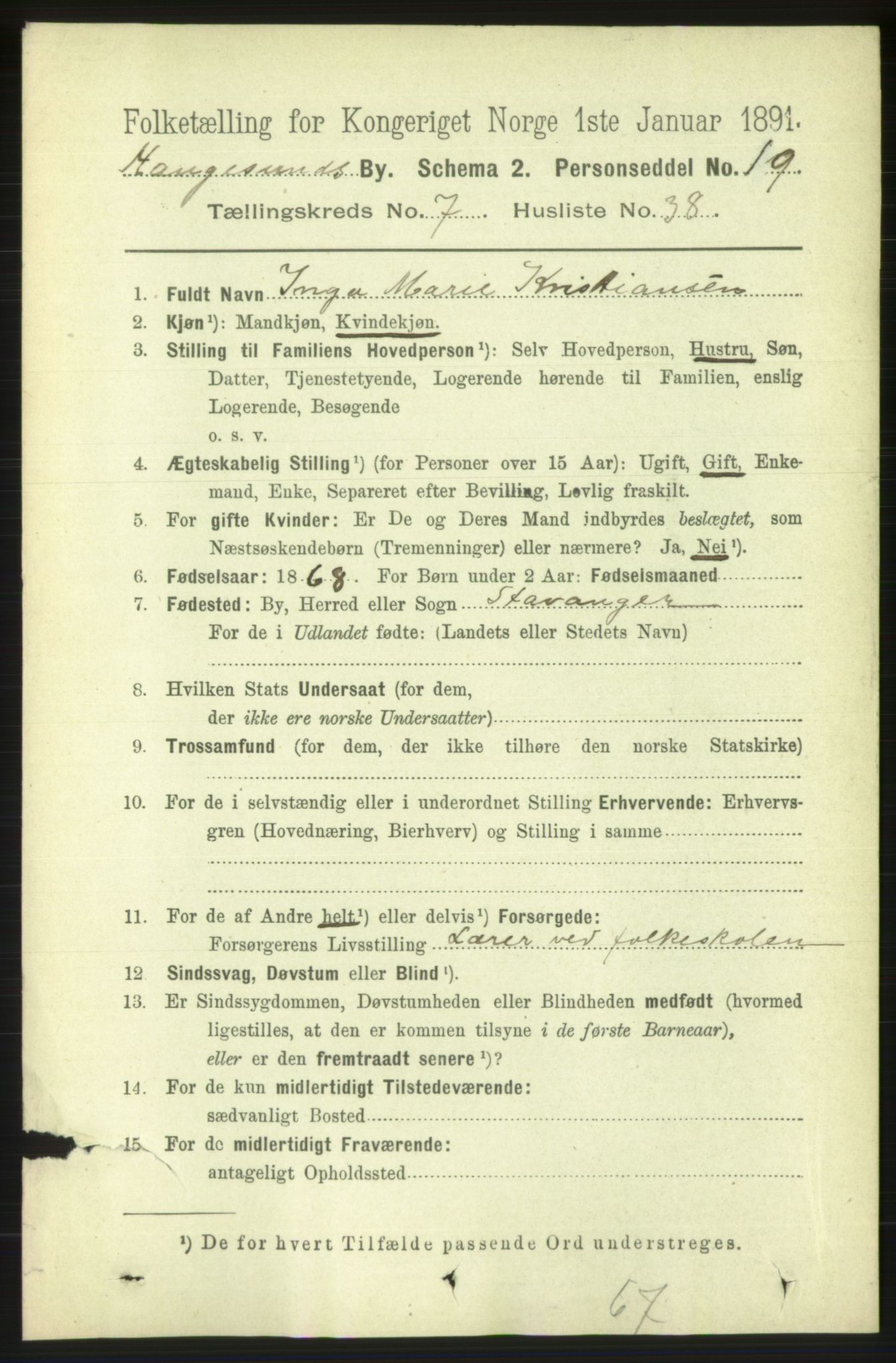 RA, 1891 census for 1106 Haugesund, 1891, p. 3528