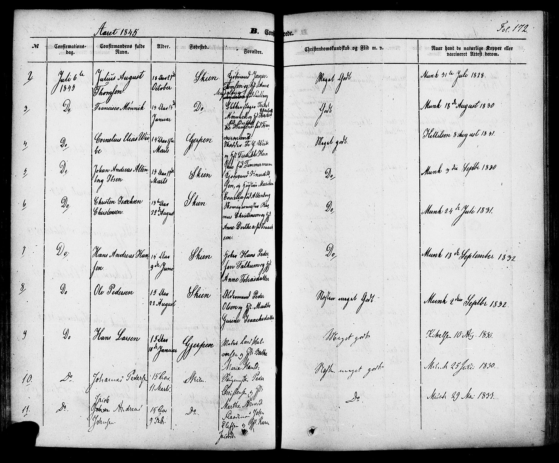 Skien kirkebøker, SAKO/A-302/F/Fa/L0006a: Parish register (official) no. 6A, 1843-1856, p. 172