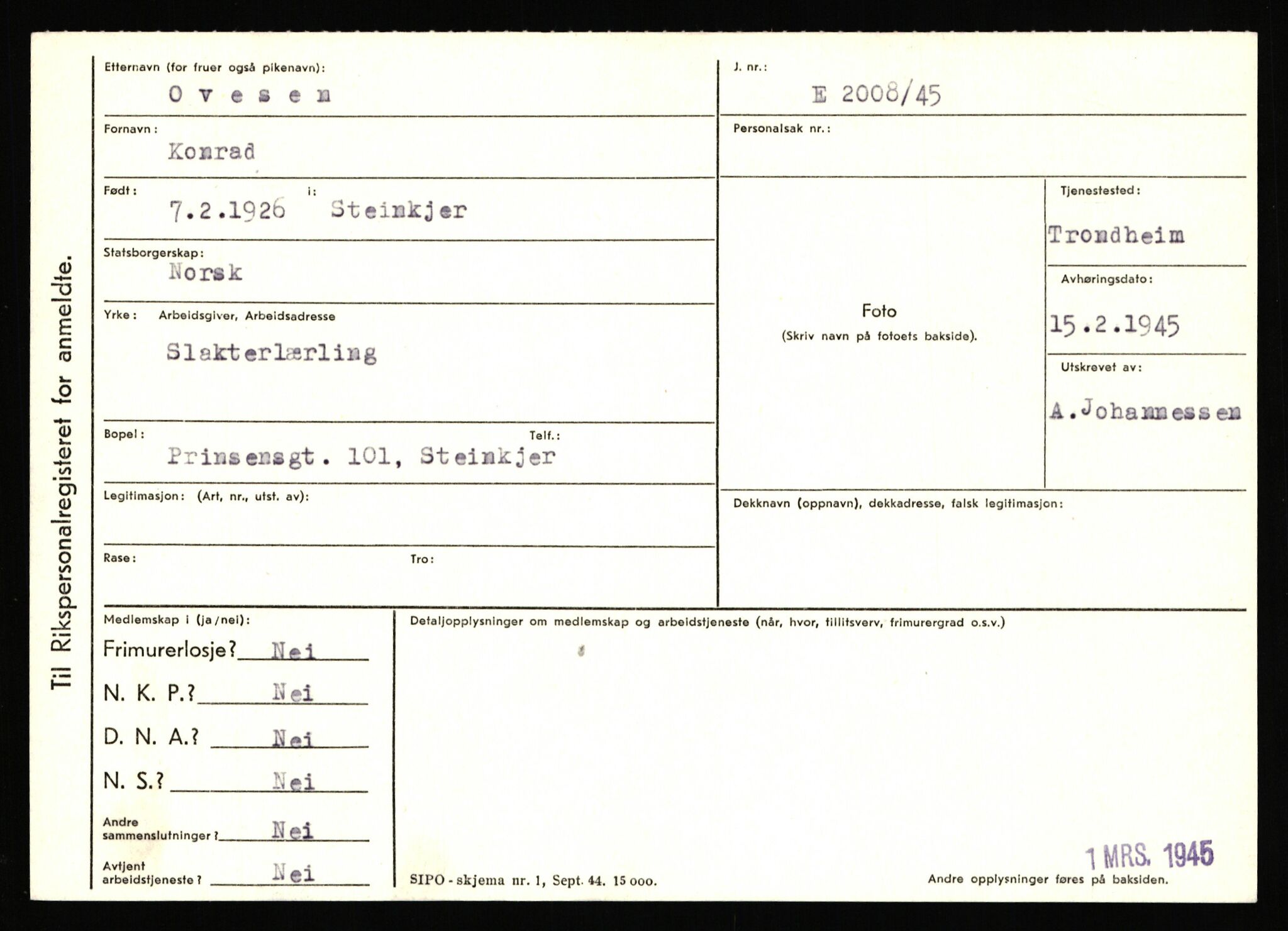 Statspolitiet - Hovedkontoret / Osloavdelingen, AV/RA-S-1329/C/Ca/L0012: Oanæs - Quistgaard	, 1943-1945, p. 2844