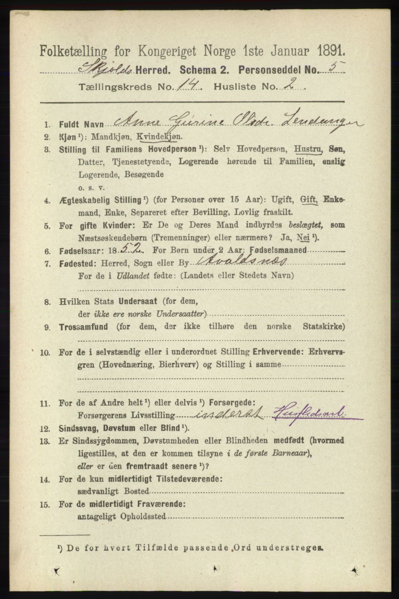 RA, 1891 census for 1154 Skjold, 1891, p. 2577