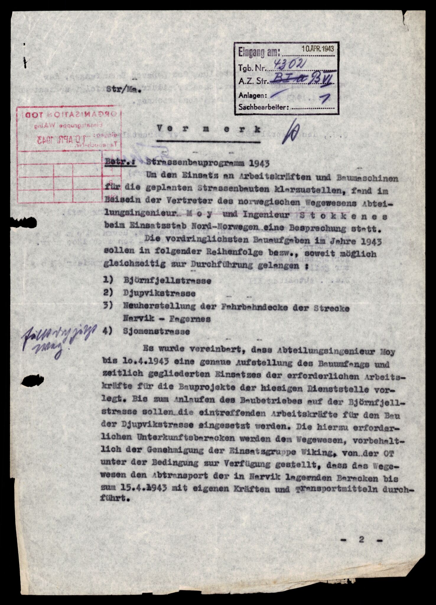 Forsvarets Overkommando. 2 kontor. Arkiv 11.4. Spredte tyske arkivsaker, AV/RA-RAFA-7031/D/Dar/Darb/L0001: Reichskommissariat - Hauptabteilung Technik und Verkehr, 1940-1944, p. 185