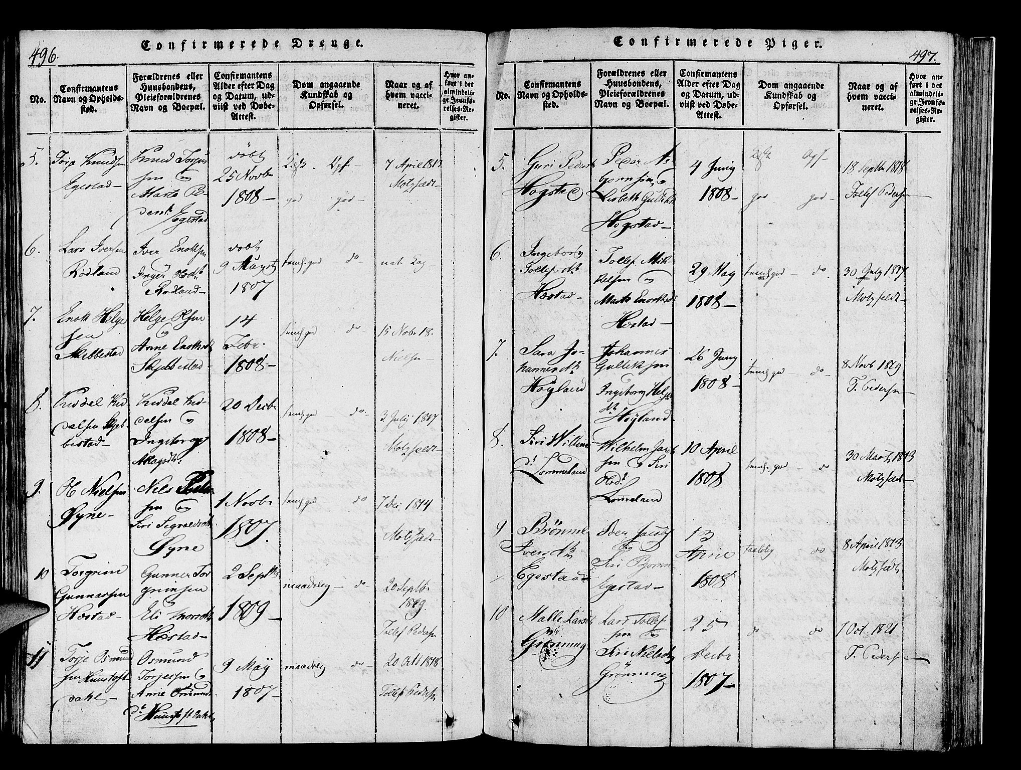 Helleland sokneprestkontor, AV/SAST-A-101810: Parish register (official) no. A 4, 1815-1834, p. 496-497