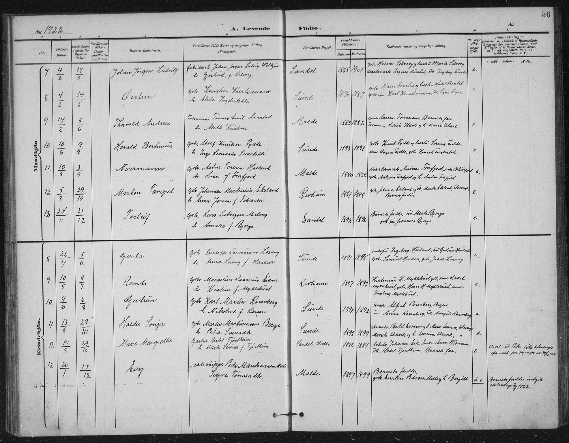 Håland sokneprestkontor, AV/SAST-A-101802/002/B/L0001: Parish register (official) no. A 13, 1901-1923, p. 56