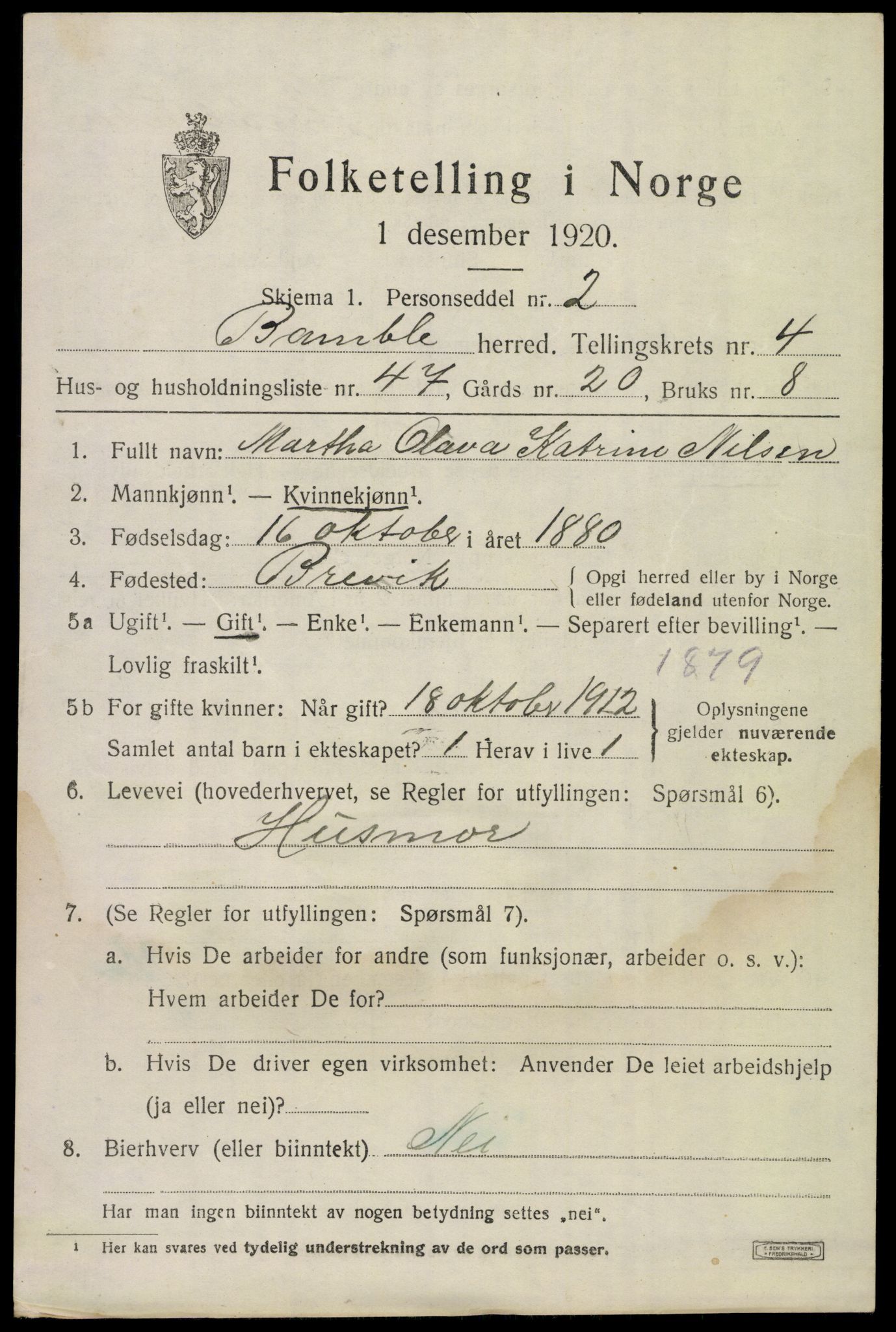 SAKO, 1920 census for Bamble, 1920, p. 4955