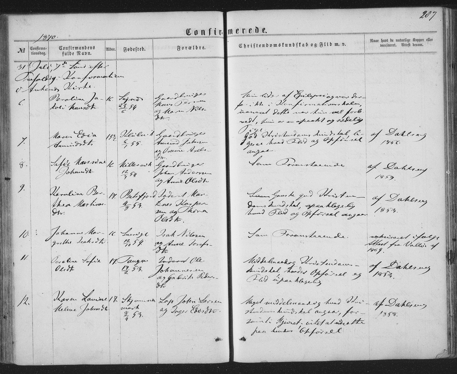 Ministerialprotokoller, klokkerbøker og fødselsregistre - Nordland, AV/SAT-A-1459/863/L0896: Parish register (official) no. 863A08, 1861-1871, p. 287