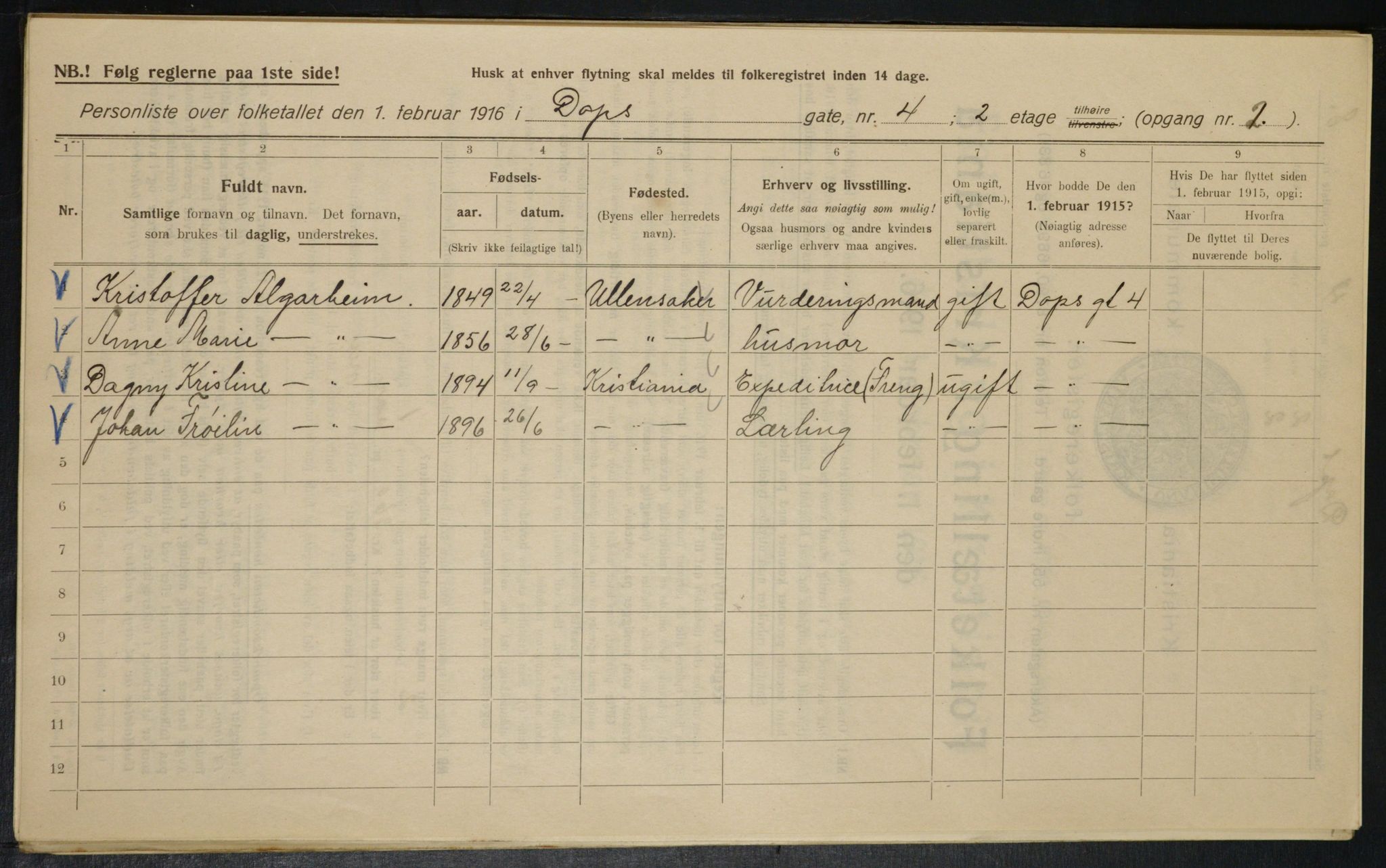 OBA, Municipal Census 1916 for Kristiania, 1916, p. 15940