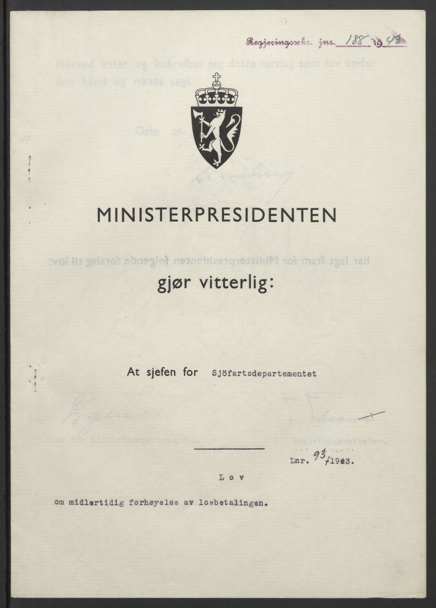 NS-administrasjonen 1940-1945 (Statsrådsekretariatet, de kommisariske statsråder mm), RA/S-4279/D/Db/L0099: Lover, 1943, p. 421