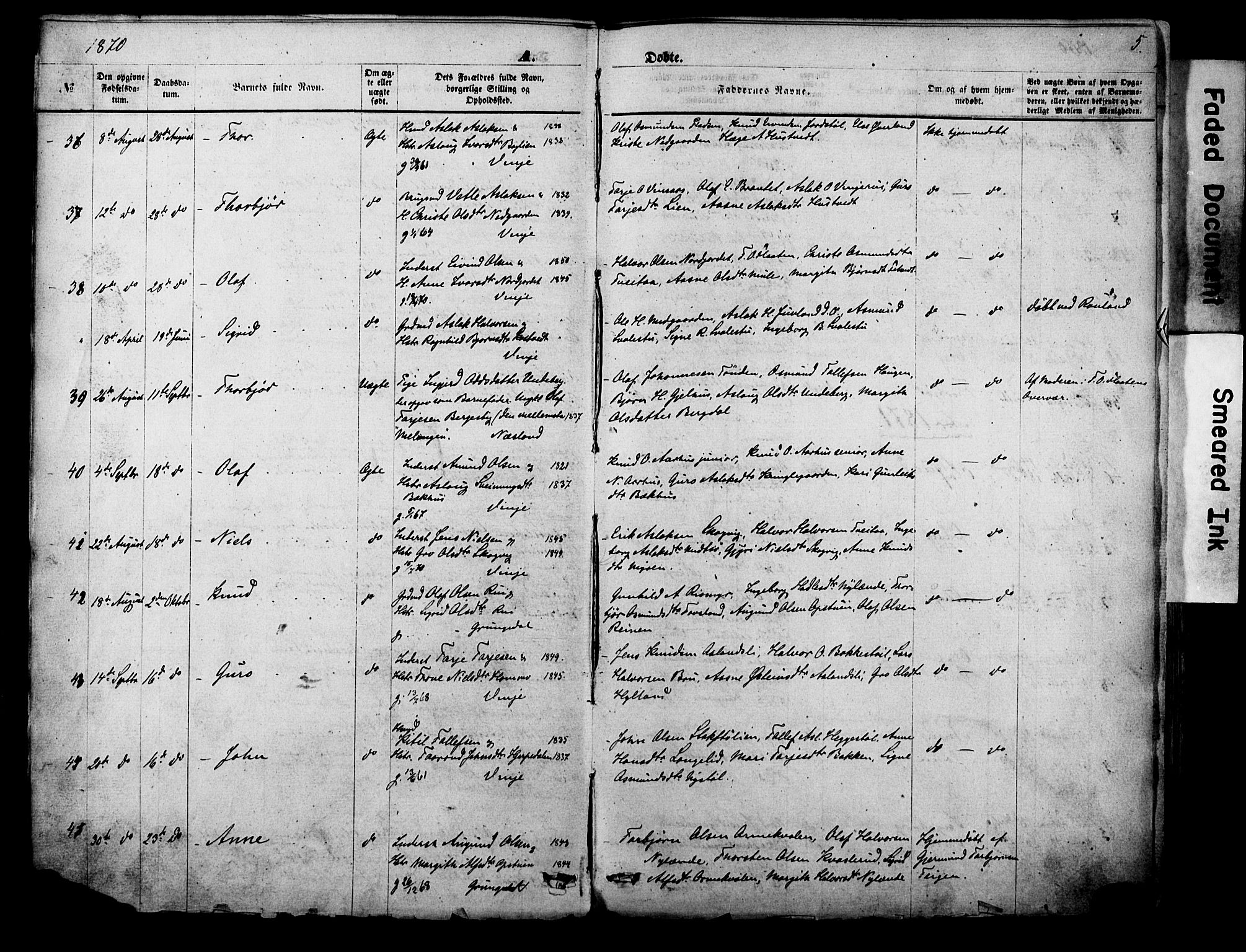 Vinje kirkebøker, AV/SAKO-A-312/F/Fa/L0005: Parish register (official) no. I 5, 1870-1886, p. 5