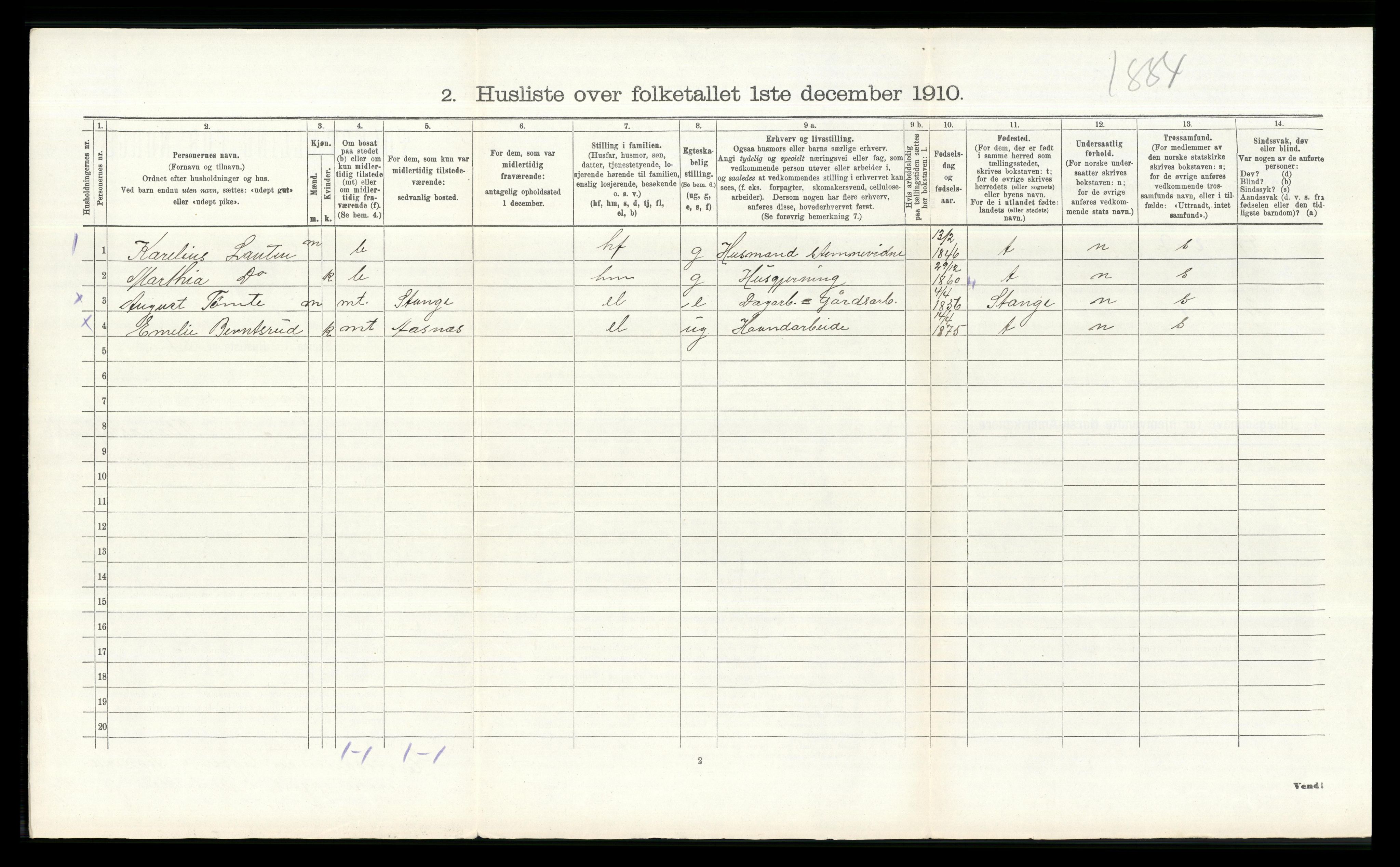 RA, 1910 census for Åsnes, 1910, p. 1685