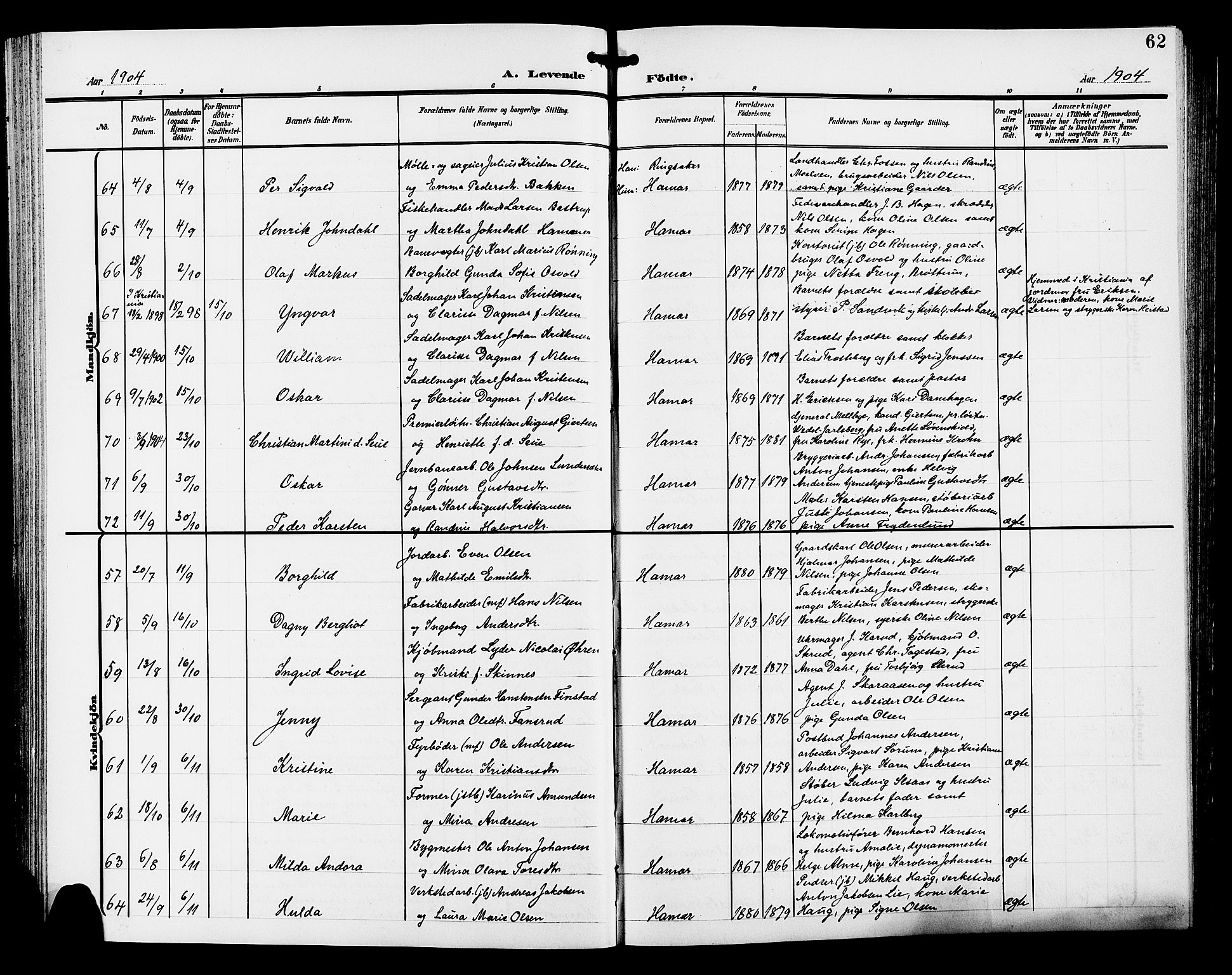 Hamar prestekontor, AV/SAH-DOMPH-002/H/Ha/Hab/L0001: Parish register (copy) no. 1, 1899-1914, p. 62