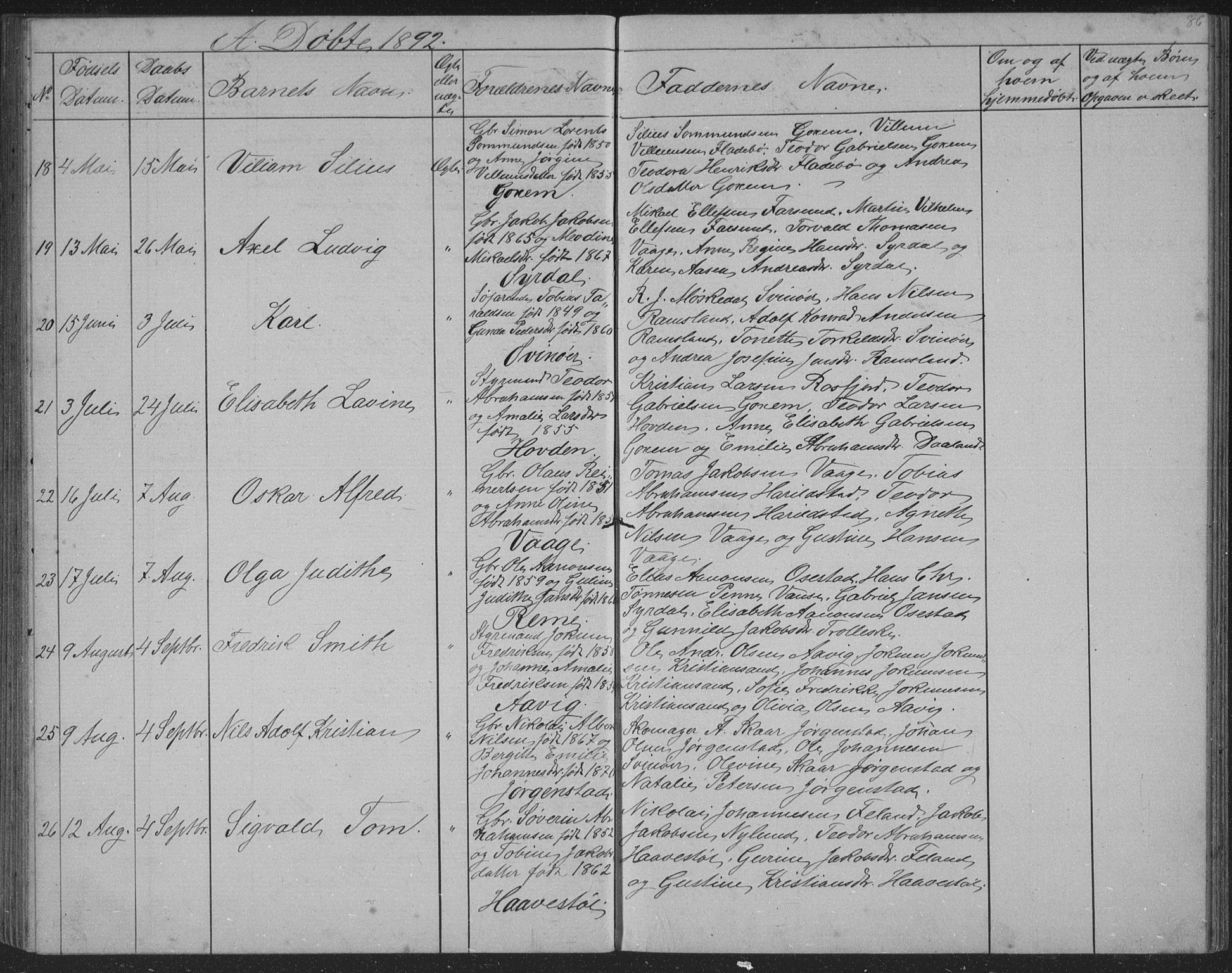 Sør-Audnedal sokneprestkontor, AV/SAK-1111-0039/F/Fb/Fba/L0003: Parish register (copy) no. B 3, 1879-1893, p. 86