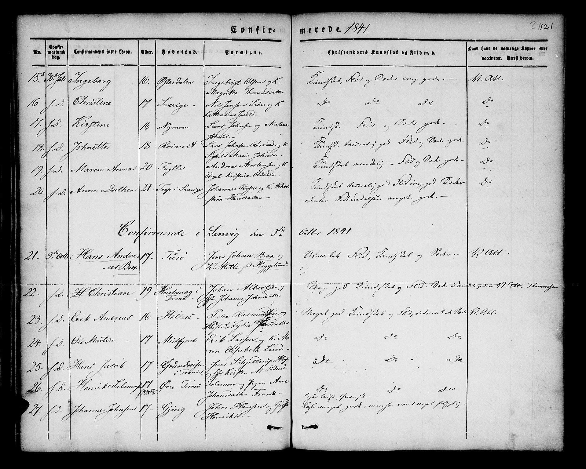 Lenvik sokneprestembete, SATØ/S-1310/H/Ha/Haa/L0004kirke: Parish register (official) no. 4, 1832-1844, p. 121