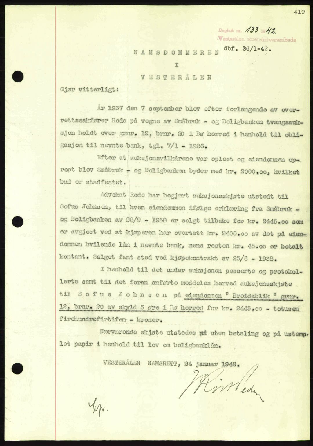 Vesterålen sorenskriveri, SAT/A-4180/1/2/2Ca: Mortgage book no. A12, 1941-1942, Diary no: : 133/1942