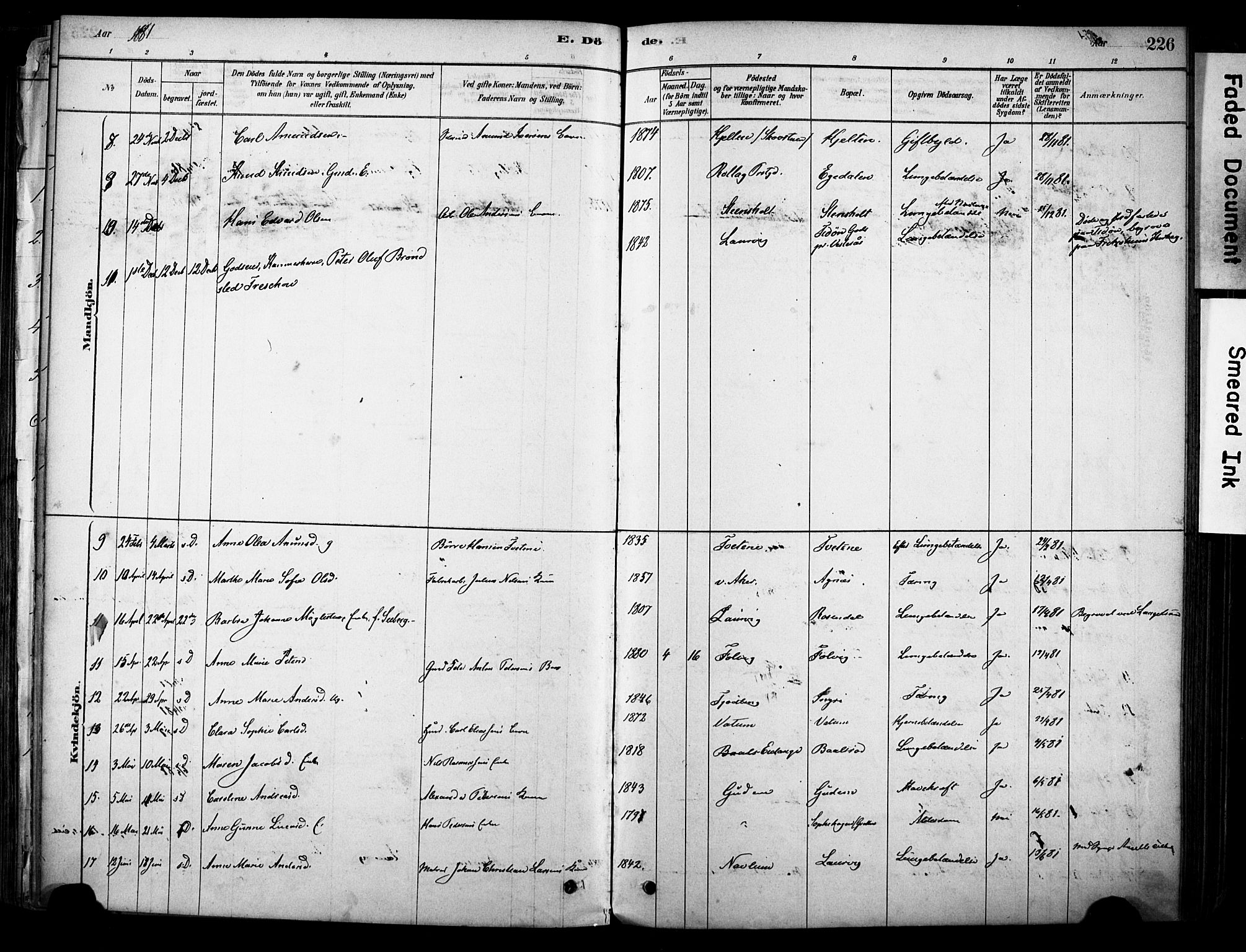 Brunlanes kirkebøker, AV/SAKO-A-342/F/Fc/L0001: Parish register (official) no. III 1, 1878-1899, p. 226