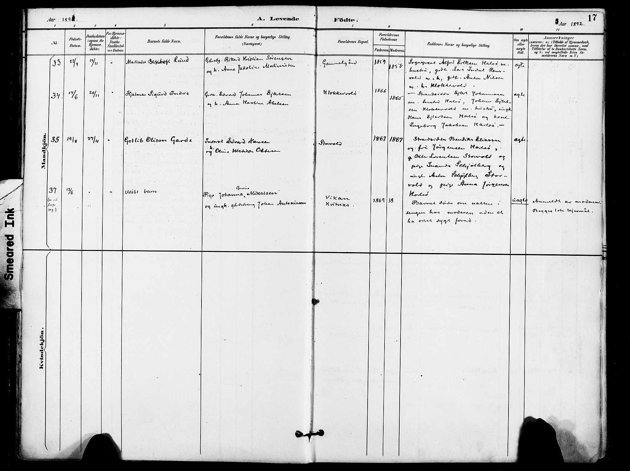 Karlsøy sokneprestembete, AV/SATØ-S-1299/H/Ha/Haa/L0007kirke: Parish register (official) no. 7, 1891-1902, p. 17