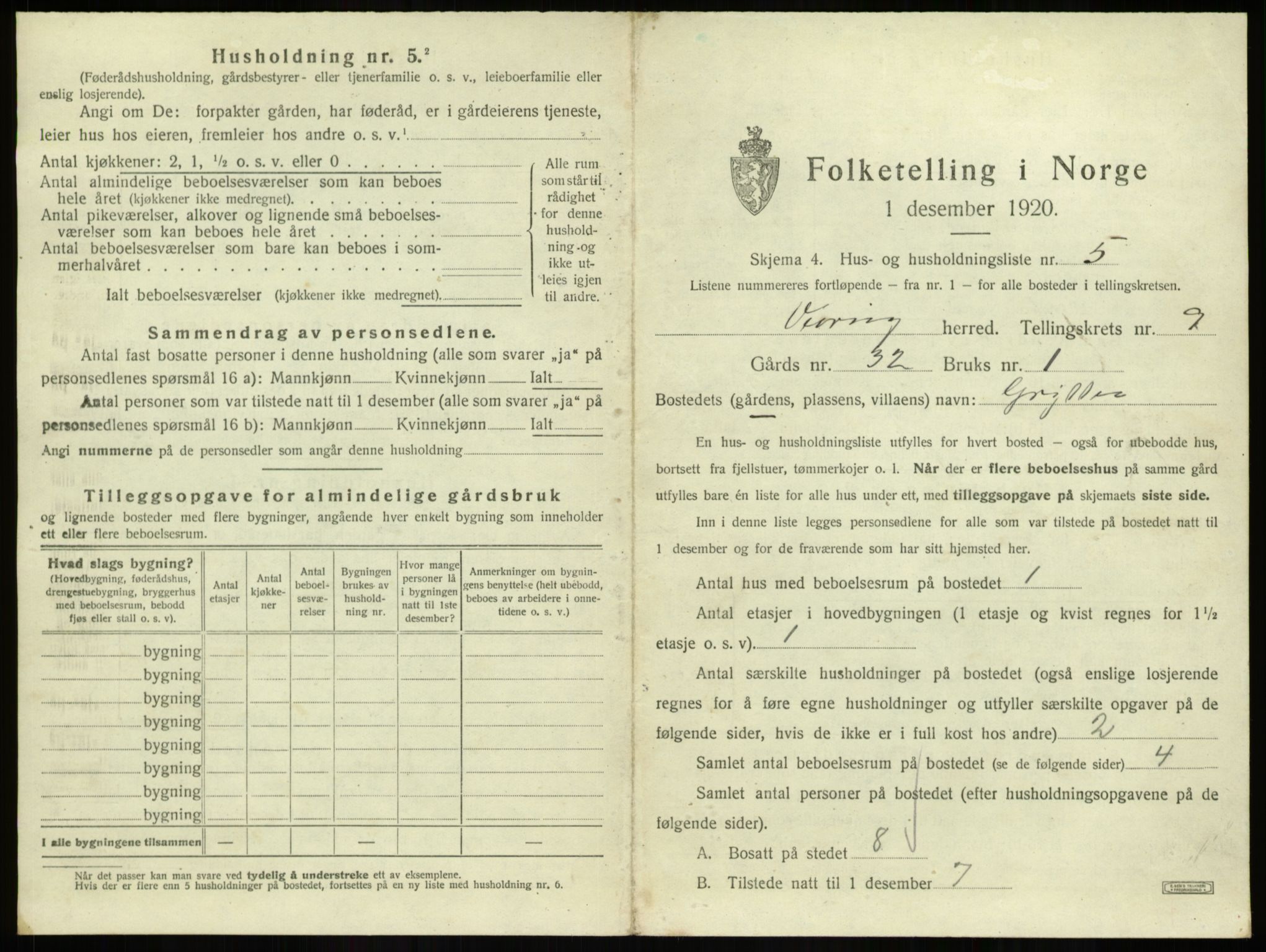 SAB, 1920 census for Vevring, 1920, p. 377