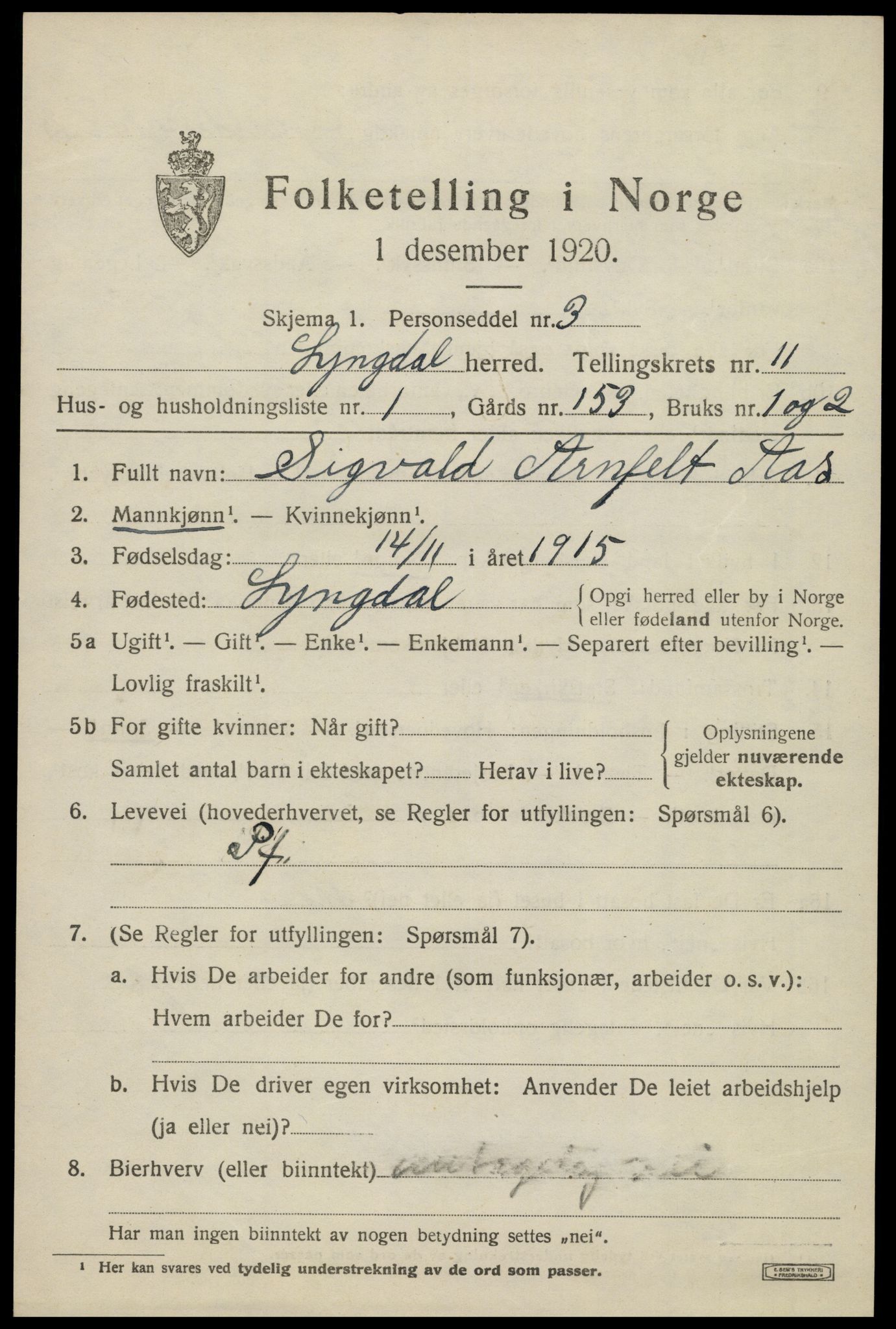 SAK, 1920 census for Lyngdal, 1920, p. 5289