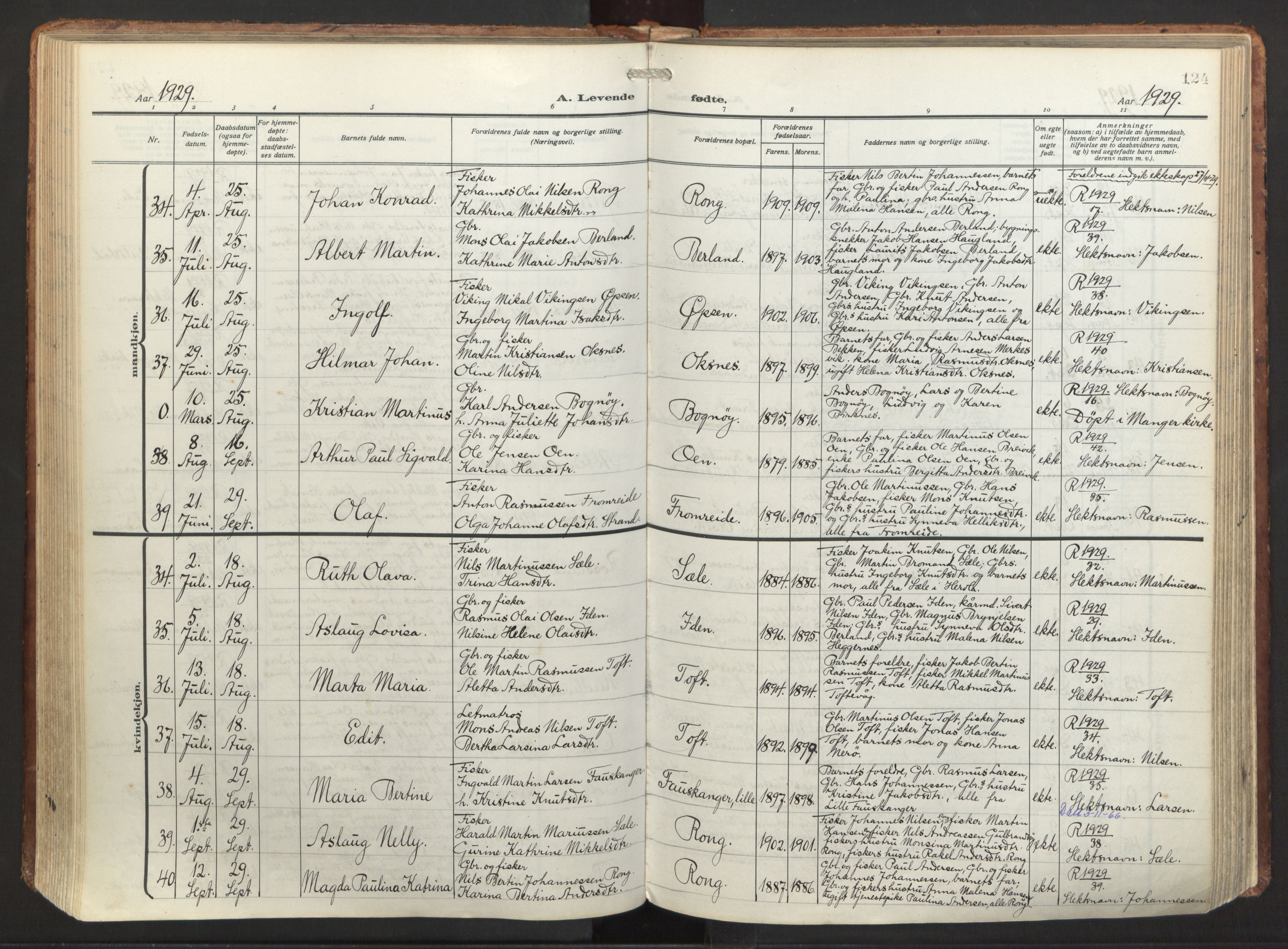 Herdla Sokneprestembete, AV/SAB-A-75701/H/Haa: Parish register (official) no. A 6, 1918-1933, p. 124