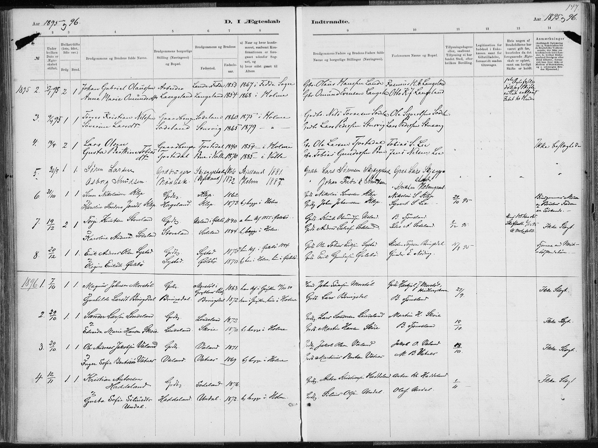 Holum sokneprestkontor, SAK/1111-0022/F/Fa/Faa/L0007: Parish register (official) no. A 7, 1884-1907, p. 147