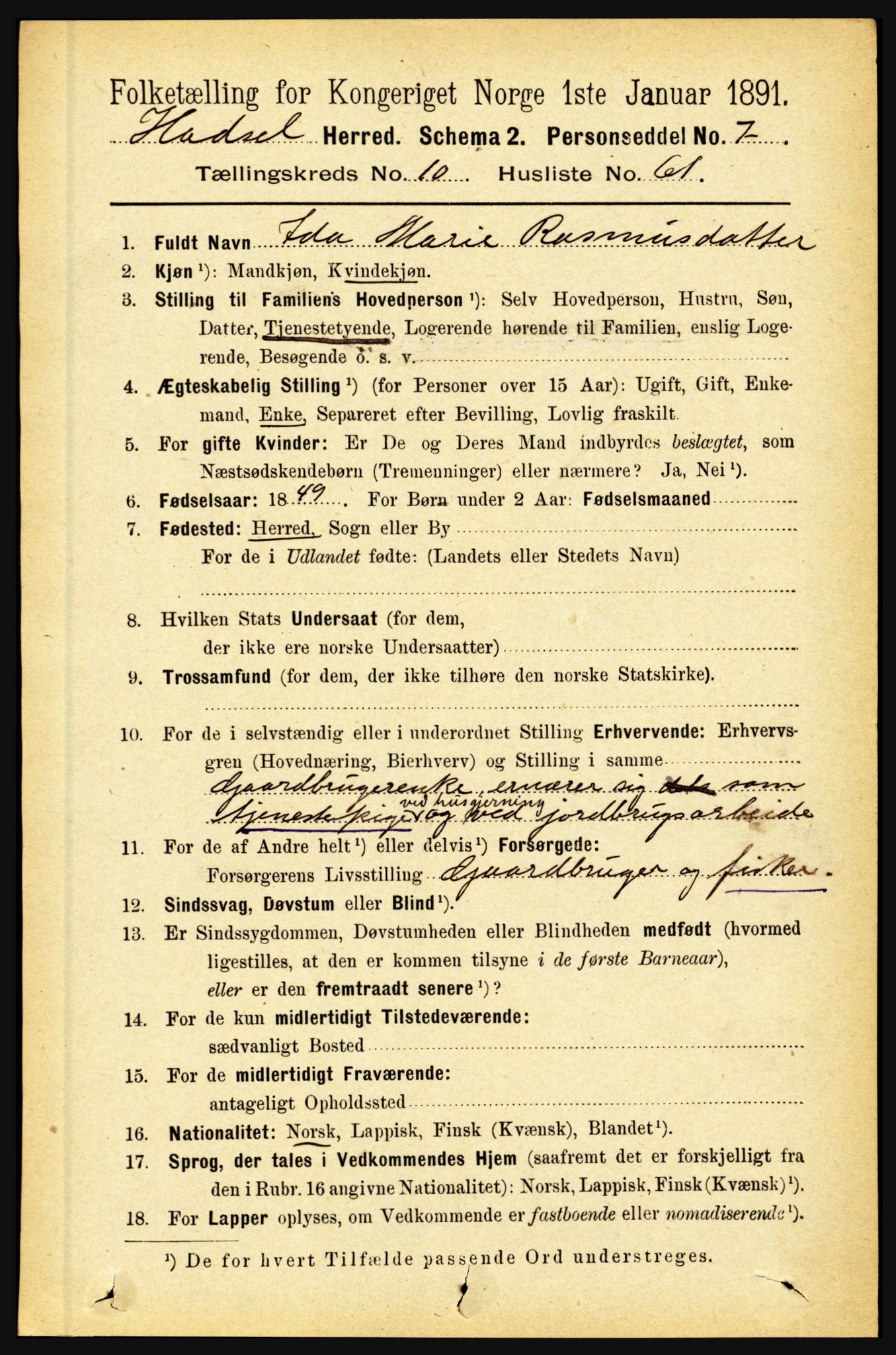 RA, 1891 census for 1866 Hadsel, 1891, p. 4596